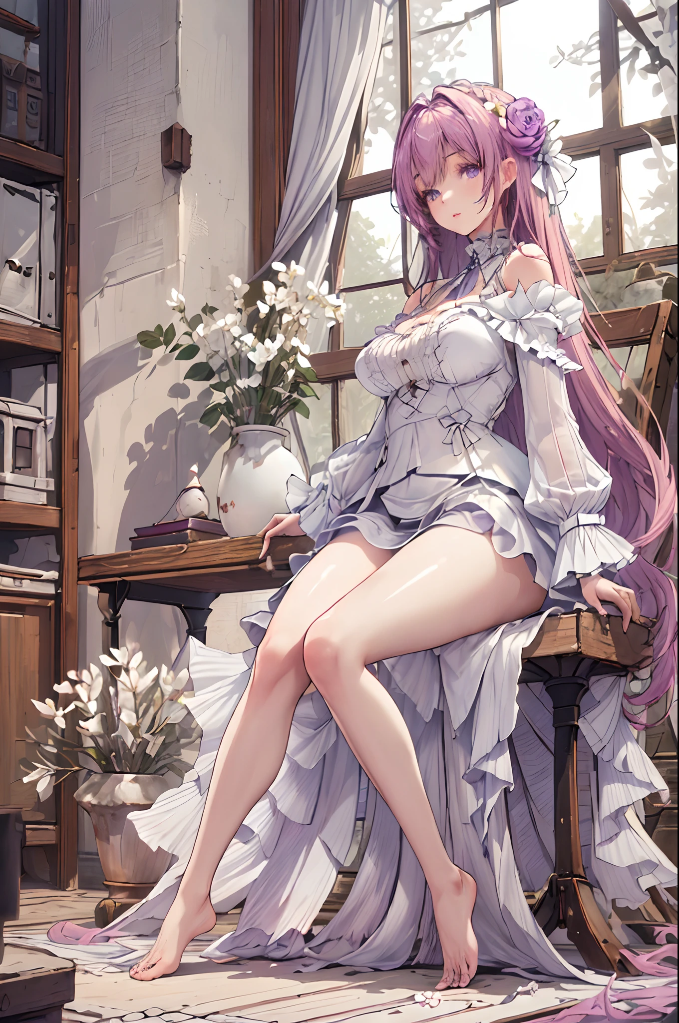 Busuldress, hight resolution, ultra-detailliert, (1girl in:1.3),dreamy ambiance, Beautiful detailed eyes,High contrast, Bold highlights, Warm tones, Soft shadows,window, flower, tree, Standing, Wide Shot, Barefoot, Indoors, white blossoms,Slender body,Big breasts,(sit:1.5),Purple eyes,
Dorothy,Dress,