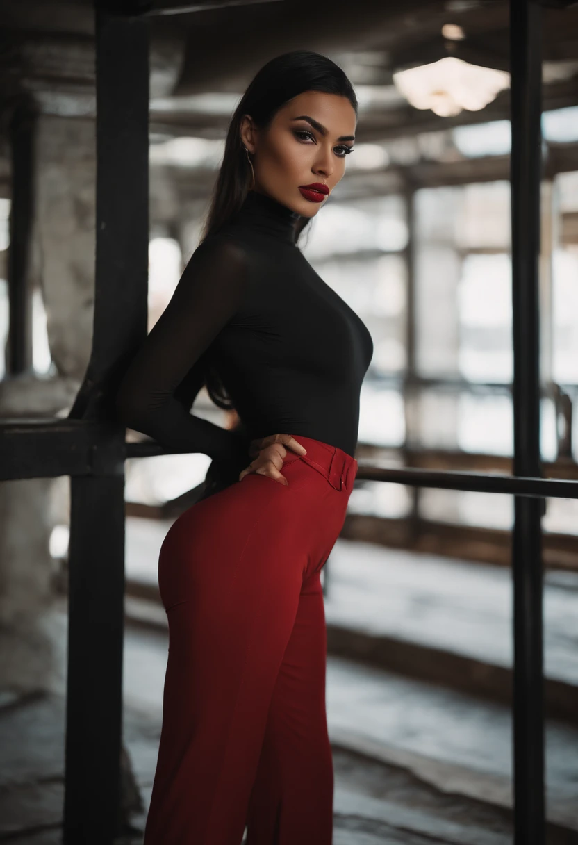 NSFW,Emilicia Gomez, tall, Gorgeous, Spanish descent, Age 23, Takes vulgar poses that show off strong sexual desire and invite sex, Boldly and shamelessly just for me., Smooth skin, Black hair. Turtleneck of red color, Black Fitting Pants, Simple Silver Cross Necklace, Work in an underground base, Highly detailed, 发光, 8K, Checking artifacts, holding a long whip. Amazing detail,