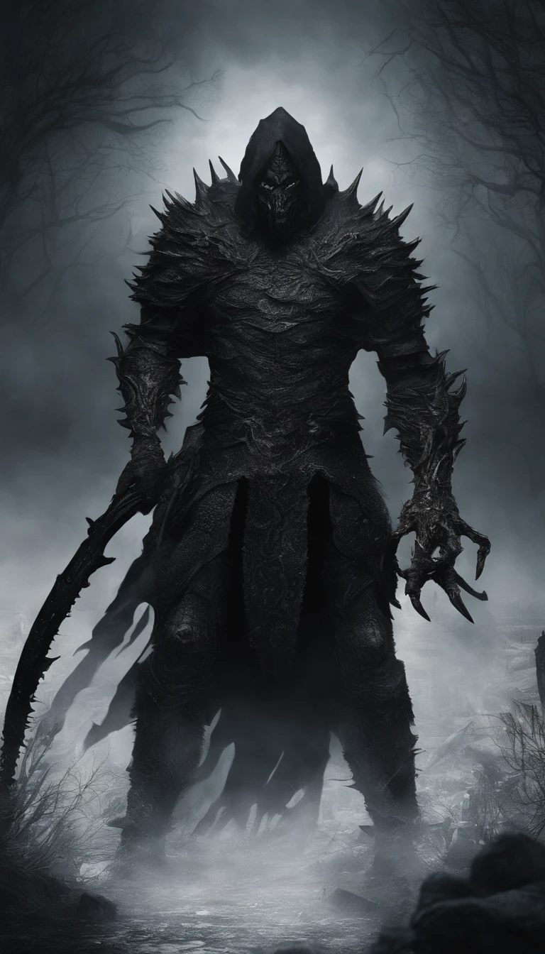 An extremely detailed full-body portrait，Shows a physically powerful demonic creature，Wears a black hood，Wearing black armor，Black iron gloves and black iron boots，His eyes glow red。He is a demon knight，riding a black horse。The demon knight holds a huge、dark red sickle，The blade of the sickle is serrated，Looks very sharp。The whole picture requires the integration of dark fantasy tones and atmosphere。Best picture quality required（best quality:1.2），Presented ultra-detailed，realistic effect，At the same time, it requires extremely high expressiveness of details.，Use vibrant colors and studio lighting to enhance the picture effect。ao mesmo tempo，The requirements were to render the demonic creature and the dark horse with very realistic muscle textures and details.。The lighting effect of the picture should be clear-cut，Highlight the image of the Demon Knight，Create an impressive dark atmosphere。The above describes each part of the screen，Use English half-width between different parts.","split。Please confirm whether you correctly describe the picture in your imagination。