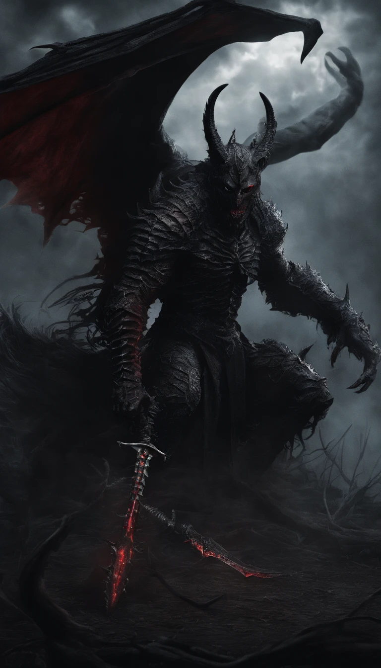 An extremely detailed full-body portrait,Shows a physically powerful demonic creature,Wears a black hood,Wearing black armor,Black iron gloves and black iron boots,His eyes glow red。He is a demon knight,riding a black horse。The demon knight holds a huge、dark red sickle,The blade of the sickle is serrated,Looks very sharp。The whole picture requires the integration of dark fantasy tones and atmosphere。Best picture quality required(best quality:1.2),Presented ultra-detailed,realistic effect,At the same time, it requires extremely high expressiveness of details.,Use vibrant colors and studio lighting to enhance the picture effect。ao mesmo tempo,The requirements were to render the demonic creature and the dark horse with very realistic muscle textures and details.。The lighting effect of the picture should be clear-cut,Highlight the image of the Demon Knight,Create an impressive dark atmosphere。The above describes each part of the screen,Use English half-width between different parts.","split。Please confirm whether you correctly describe the picture in your imagination。