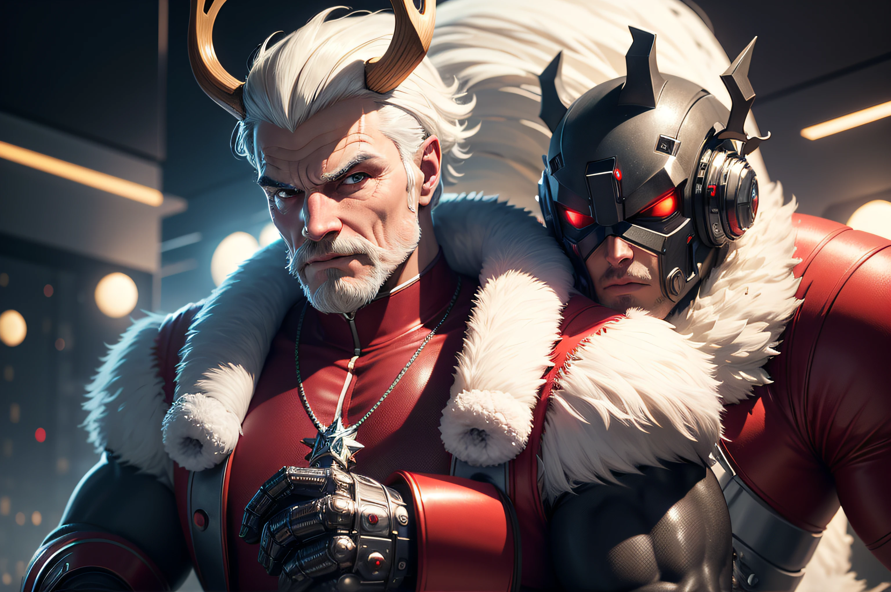Incredible futuristic Santa Claus, Mckay, insanely detailed, Humorous, hyper detailed, chrome, award winning, astounding, Think, futuristic fashion, futuristic technology, Fun, well lit, team with cybernetic reindeer, Christmas theme, Cyber Christmas, higly detailed