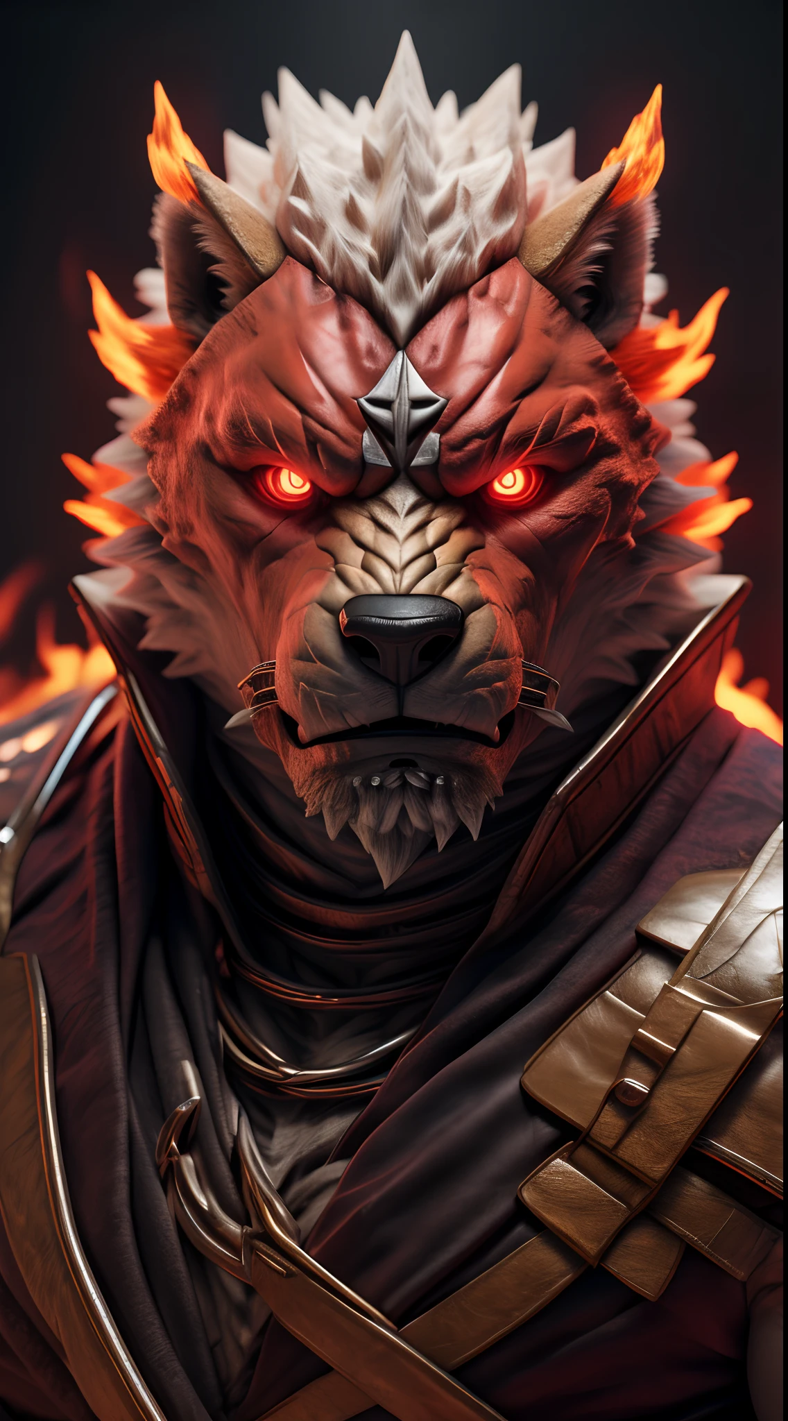 (best quality,8k,highres,masterpiece:1.2),ultra-detailed,(photorealistic:1.37),(the ultimate Orochi Cassius),red glowing eyes,staring at the viewer,detailed facial features,same design as Iori Yagami,background from The King of Fighters XV,fiery background,serious expression,on a realistic face,in 8k.