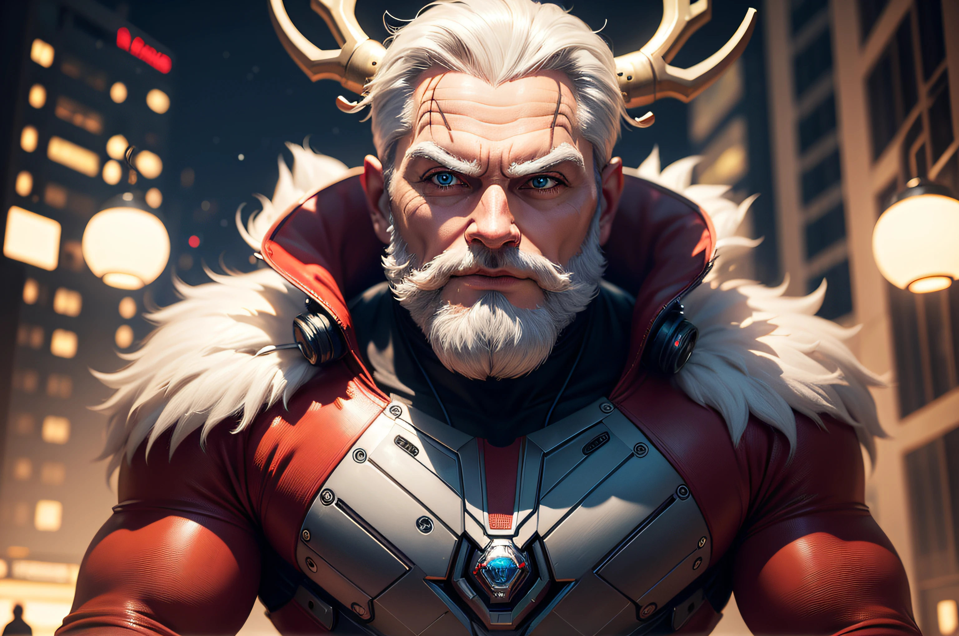 Incredible futuristic Santa Claus, Mckay, insanely detailed, Humorous, hyper detailed, chrome, award winning, astounding, Think, futuristic fashion, futuristic technology, Fun, well lit, team with cybernetic reindeer, Christmas theme, Cyber Christmas, higly detailed