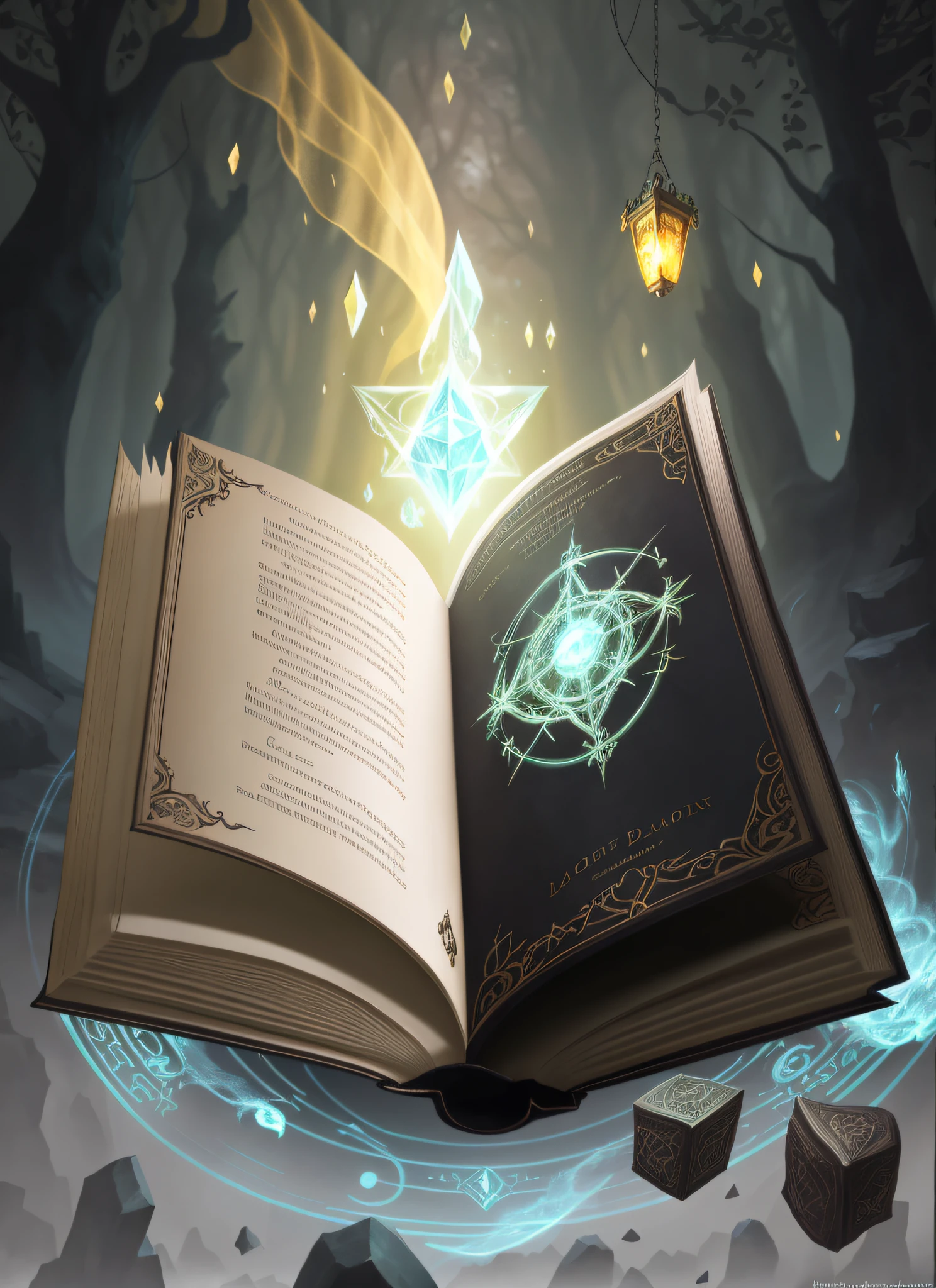 Having a book，There are bookmarks on it，Fly in the air, spellbook, floating spellbook, Magic Book, fantasy game spell,A magical light flies out from inside， grimoire page, grimoire, fantasy game spell symbol, old artbook, fantasy book, holding a spell book, fantasy book illustration, casting spells, artbook artwork, fantasy rpg book illustration, Book of the Dead，3 d model，the detail，cinematic ligh，epic sense，forest backgrou，Write a sense of substance，Broken pages，Gravel flying