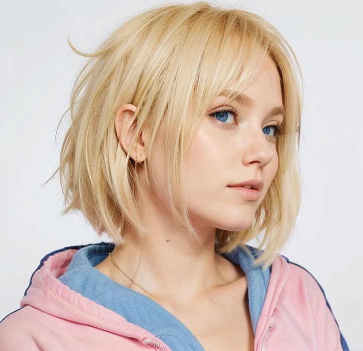 1girl, blonde short hair, blue eyes, pink grown Hoodie,