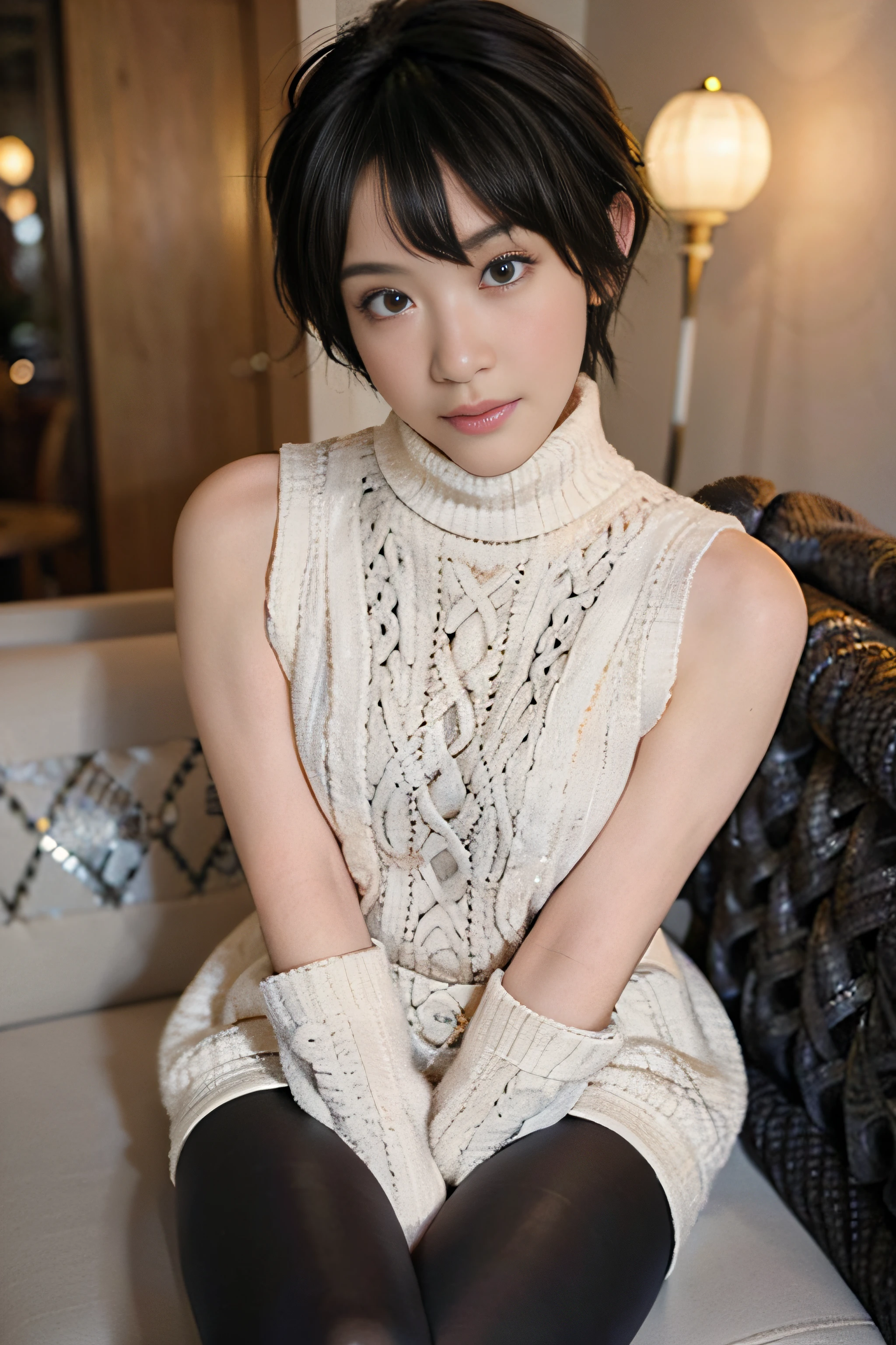 woman posing for a photo,(wearing jumper_dress:1.3), (pixie_cut short_hair:1.2)
good hand,4k, high-res, masterpiece, best quality, head:1.3,((Hasselblad photography)), finely detailed skin, sharp focus, (cinematic lighting), collarbone, night, soft lighting, dynamic angle, [:(detailed face:1.2):0.2],(((5 stars hotel))), outside, tiny_head:1.2, cable_knit:1.2, turtleneck:1.4, Eyes in good shape。Brown-eyed、dark brown short hair、good lips、Small lips、Natural_makeup、Raw photo, Best Quality, masutepiece, ultra-detailliert, (cable knit sleeveless turtleneck :1.5), 超A high resolution, Realistic,wide_angle, pouting, tiny head, big breasts, big hips, (thick thighs:1.6), (black leggings:1.4), ((((solo)))), squatting with legs wide open, NSFW:1.7