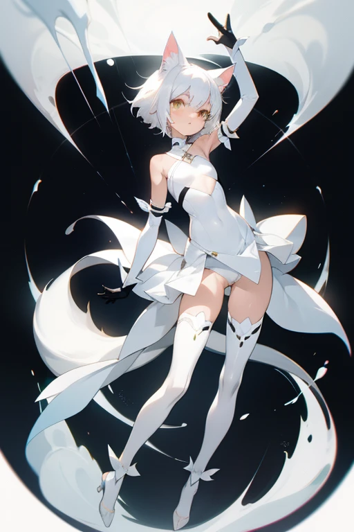 white cat ears, white cat tail, white hair, short fluff hair, 
body view, 
small breast, 
child, cat pose
sexy clothes, thigh-high socks, long-arm gloves