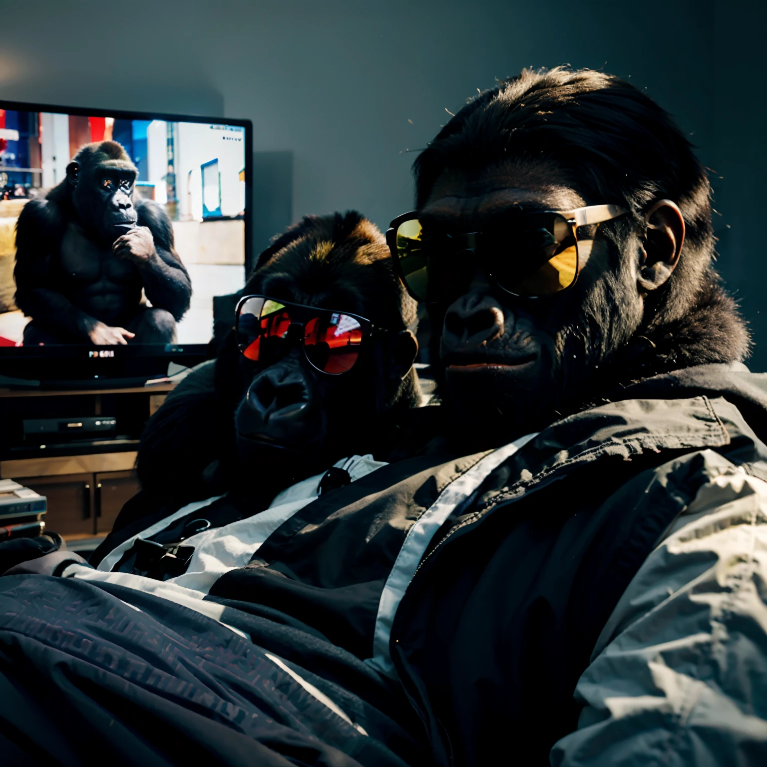 2 gorilla , wearing human clothes, wearing sunglasses, watching tv , high quality , high detail, 8k
