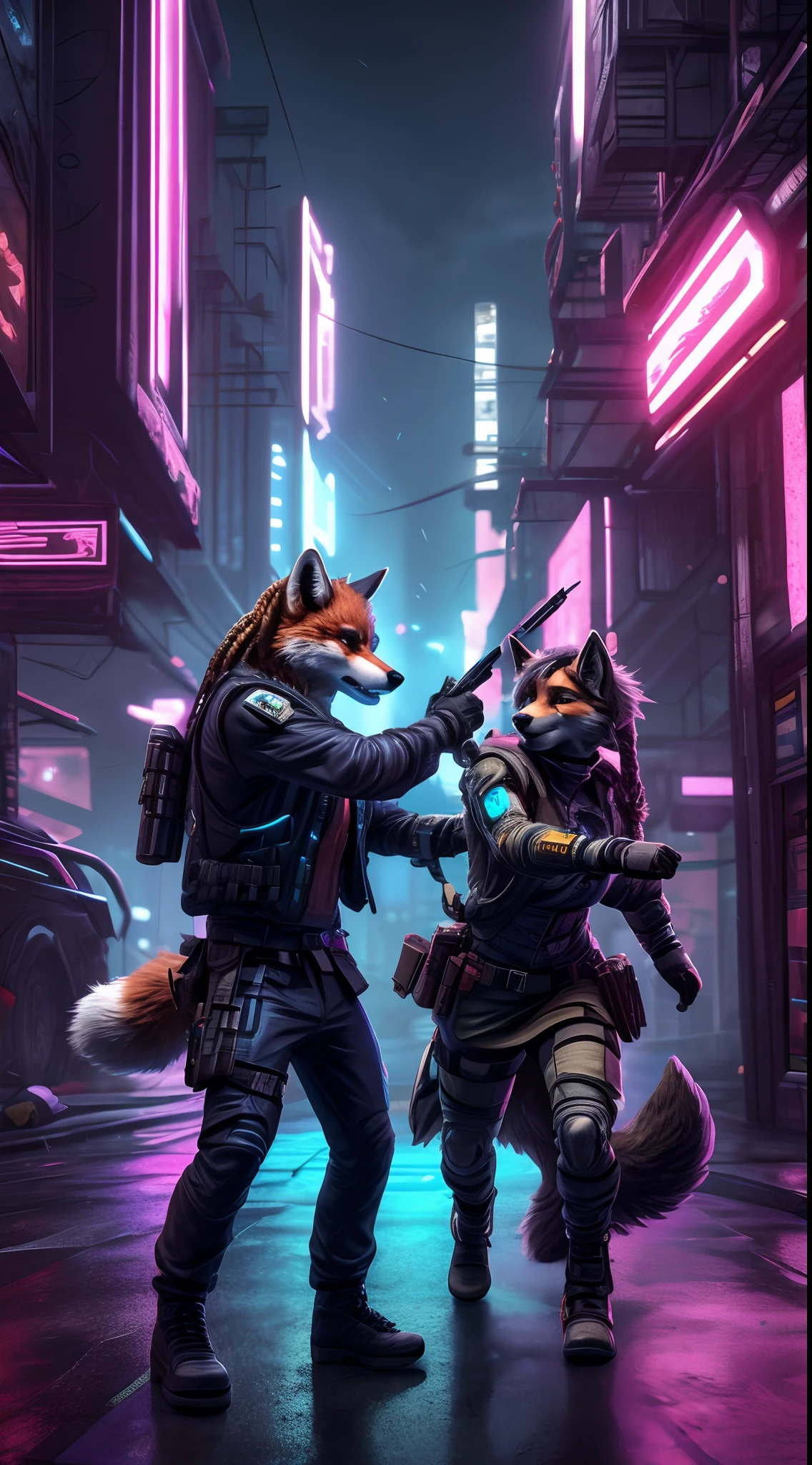 masterpiece, 2others, 1girl, 1man, 1couple, wolf and fox, (black wolf man with short hair), (brown fox girl with braided hair), (cyberpunk outfit), detailed person, detailed face, detailed eyes, detailed hands, detailed fingers, action poses, 2 person in action, gunfight, vivid colors, bloom, foggy weather, cyberpunk street background