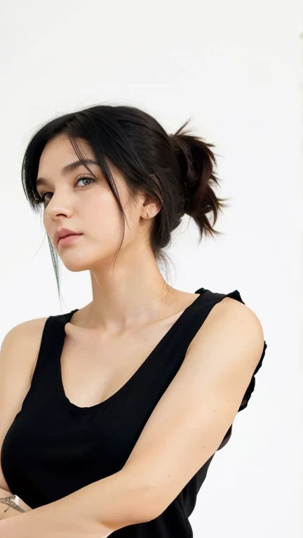 Best quality, masterpiece, ultra high res, (photorealistic:1.5), raw photo, 1 mature Ancient Egyptian girl, black sleeveless turtleneck, wide shoulders, in the dark, deep shadow, low key, cold light, sexy look, black Cleopatra's hair (((black hair))), bright eyes, yin sanpaku eyes, eyeshadow, (((plain beige background))), cinematic studio lighting