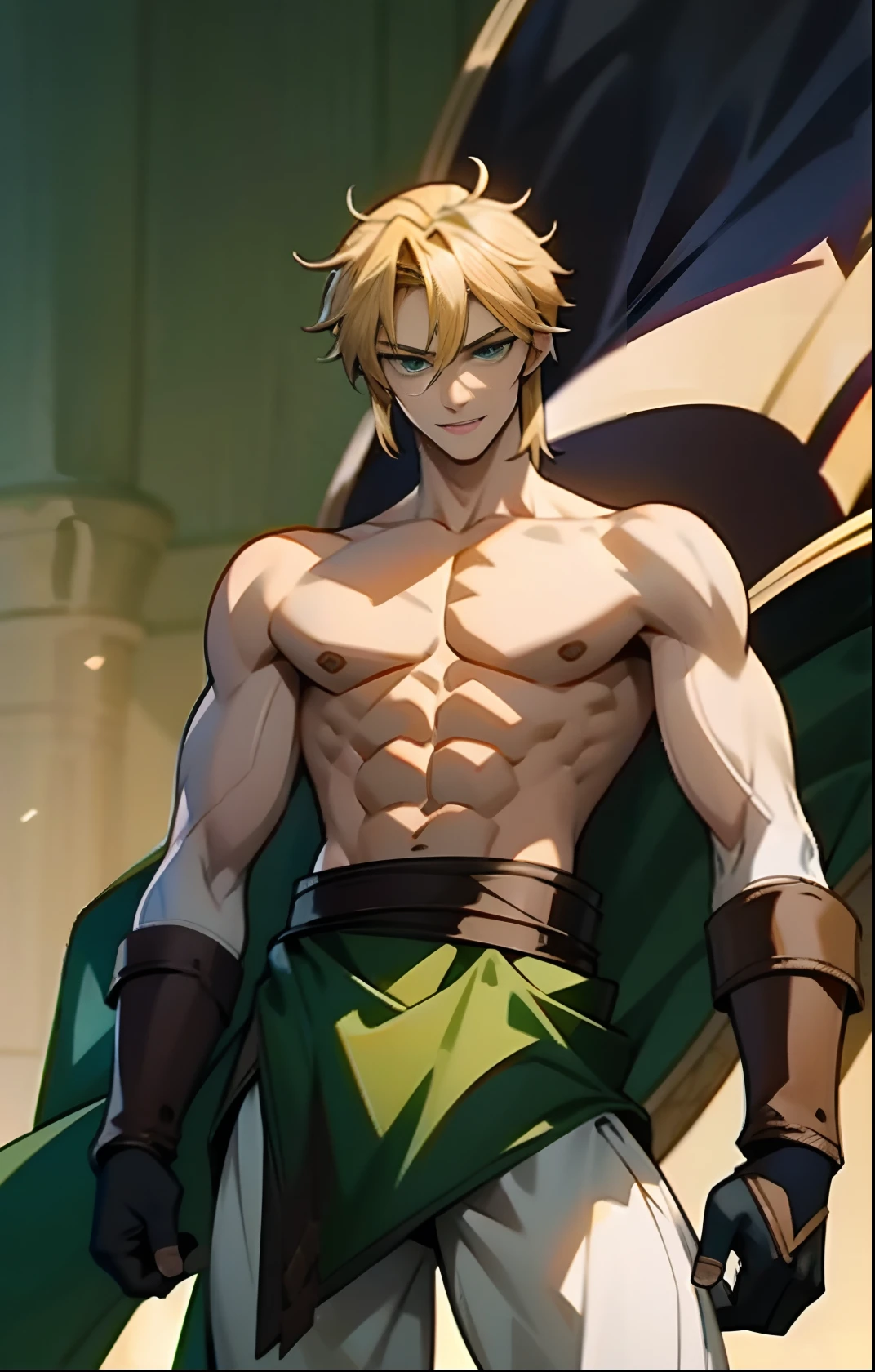 blond, tall, green-eyed guy, viking style, russian hero style, strong,  anime style, anime  , link, ( short gloves), standing, (topless:1.3), demigod , (muscular:0.5)(from above:0.1),(sport:0.2), (empty dojo),(smiling:0.2), (dominant),(evil)(confident)(sadistic)(adult:1)(masculine:1.2)(slender:0.2)(from below:0.3)(powerful)(looking at viewer), (showing sharp teeth:0.4)