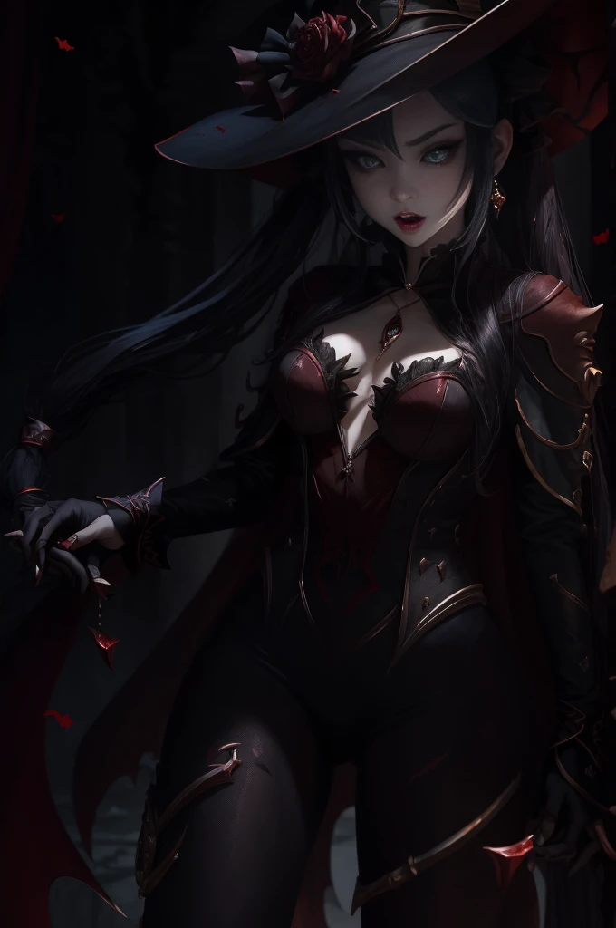 Vampire Girl , Masterpiece, ,(独奏:1.1), a perfect face, (vivid lighting:1.2),beautiful detail eyes, extremely detailed face, perfect lighting,Masterpiece, Best Quality, 1girl, pale skin, hairlong, 20years old , red eyes, fangs, A glass of blood in his hand, Complex hairstyle, vampire fangs, open mouth, sharp teeth, vampire fangs, in full height , seductive position