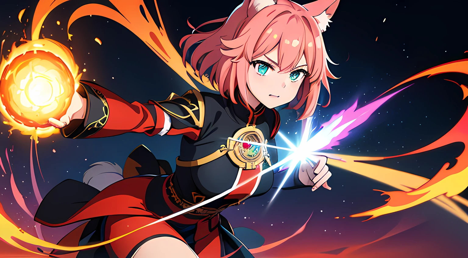 (woman), (yae miko), (ultra-detailed, perfect pixel, highres, best quality, beautiful eyes finely detailed), (fox eared), (full body:0.8), 19 years old anime girl, short raven hair, wavy hair, parted bangs, pink hair, gradient hair color, flowing crimson hair that dances like flames, there is many red fire swirling around her body (transparent:0.7), showing her overpower aura (dangerous and terrifying aura), dangerous, she holding a wizard staff, casting a powerful explosion magic, grand magus, green eyes, strong and heavy steel armor, prestigious, realistic fire, the background is full of magical particles and realistic blue fire. lens flare, glowing light, reflection light, motion blur, 8k, super detail, ccurate, best quality, Ray tracing.