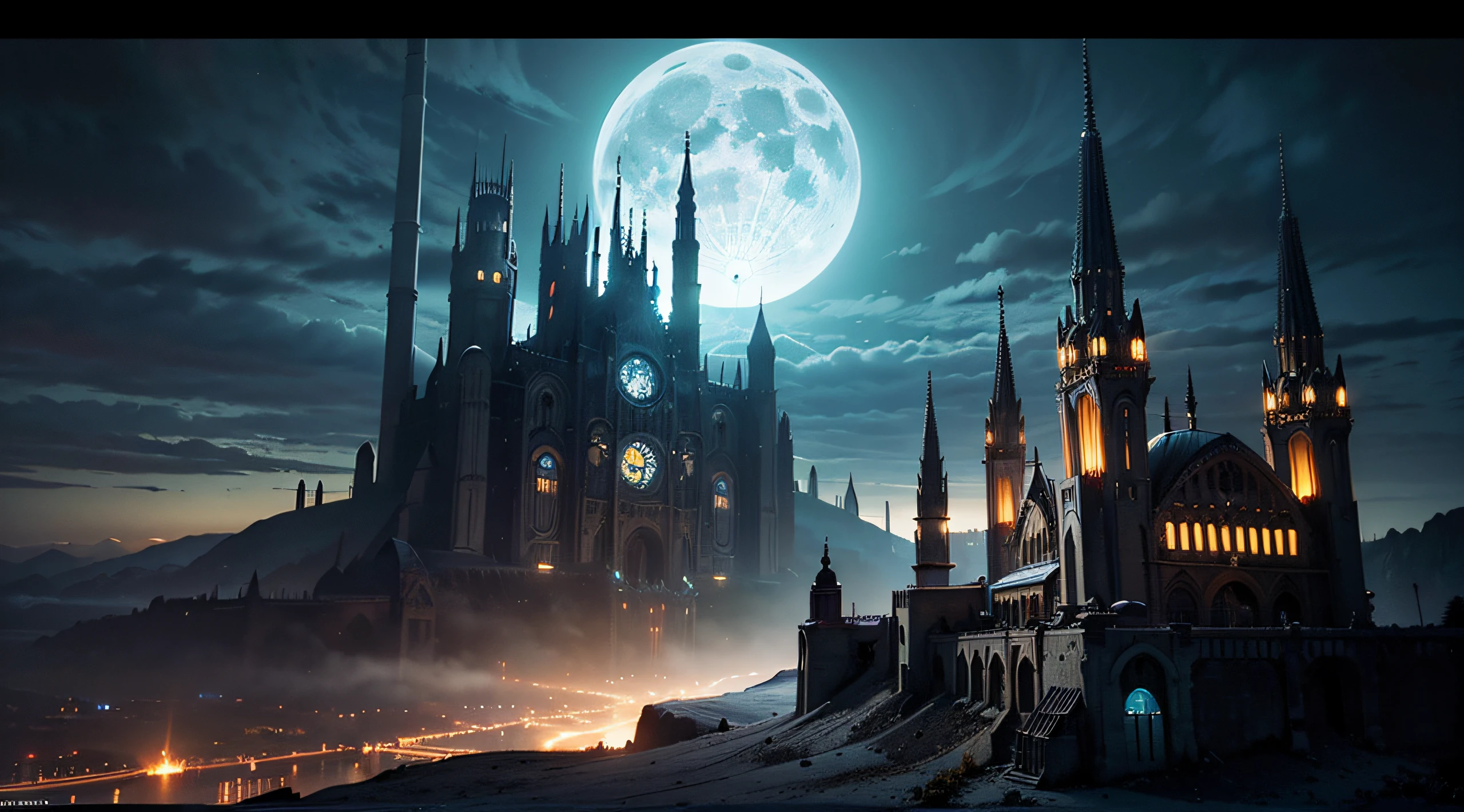 Dark Fantasy, The fantastic scenery, highly detailed landscape, Moonlight, Alien City The Future of Science Fiction, dark art, Dystopian atmosphere, Mechanical and retro world, land like cappadocia, light from building windows, Old movies「metropolis」A cityscape like, dark sky, Overcast sky, grey sky, giant analog synthesizer cable, A mechanized anime girl like an analog synthesizer exists small in the background., view sky
