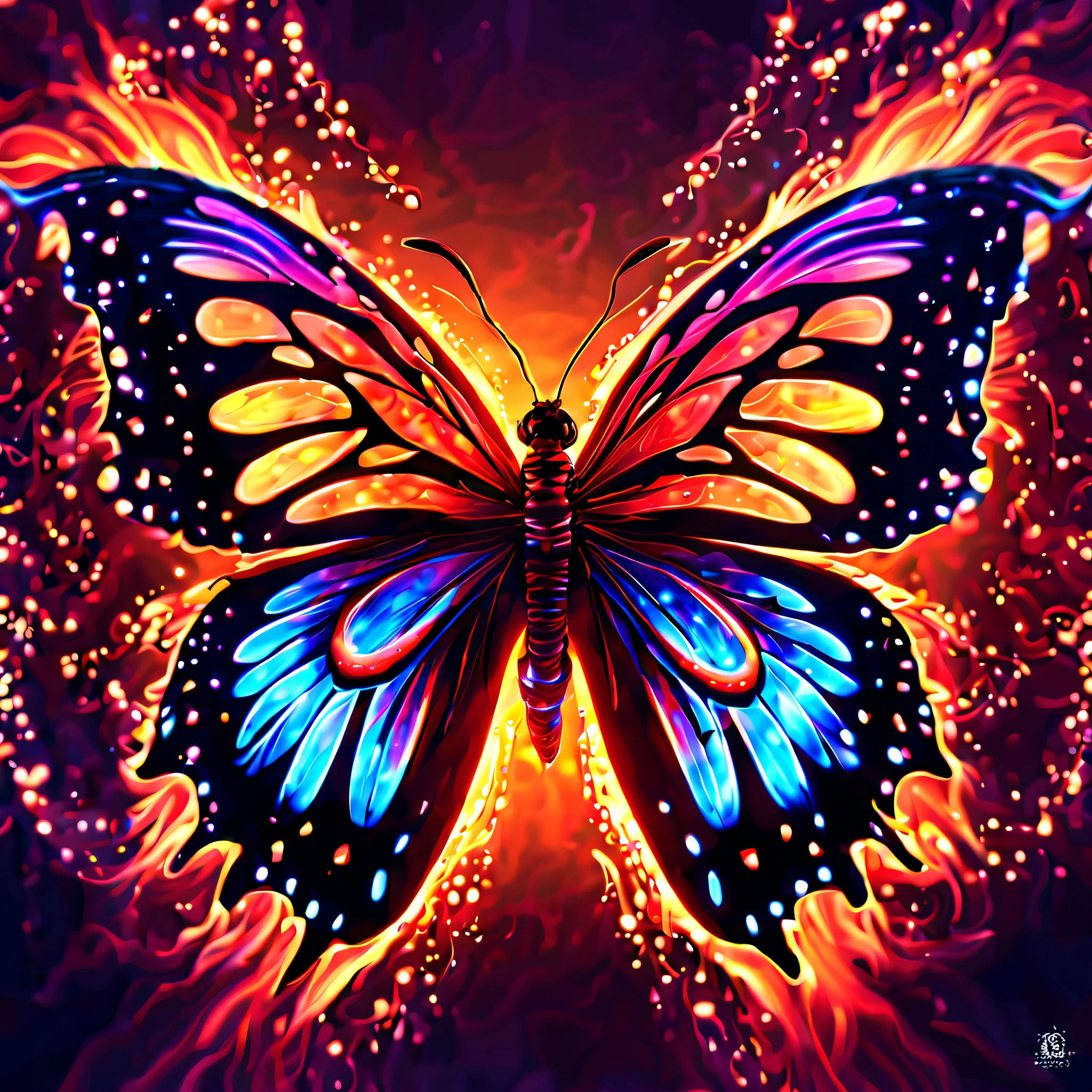 ((Best quality)), ((Masterpiece)), ((Realistic)), butterfly explosion, Celestial, Light particles, (Bio-luminescence:0.95) Flame, with light glowing, Phoenix, vibrant, Colorful, Color, (Glow, Glow), (Beautiful composition), 电影灯光, Intricate, (symetry: 0.5), Whimsical, Alien planet