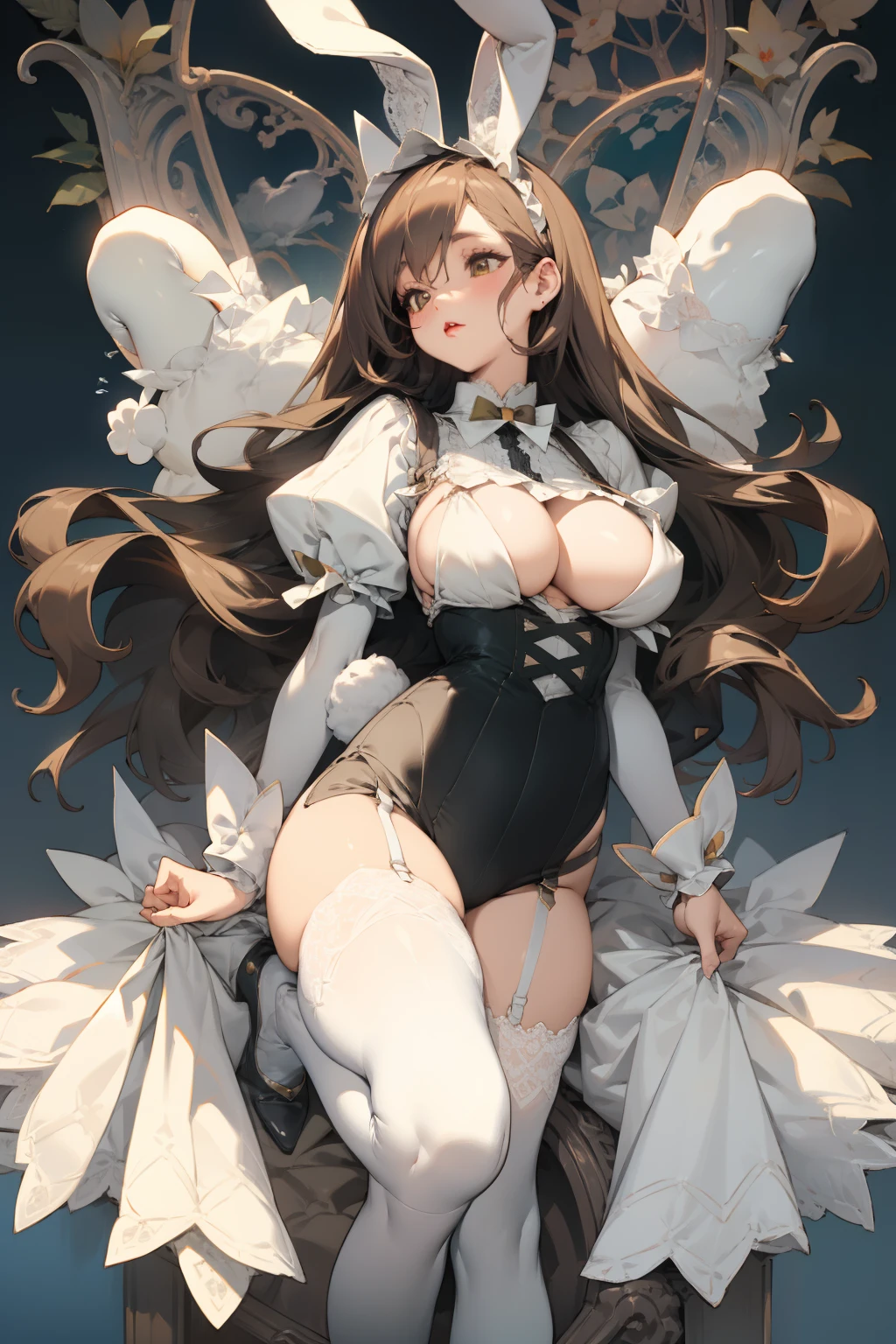 White knee-length stockings,Lace suspenders,bunnygirl,Bigboobs,squatt,