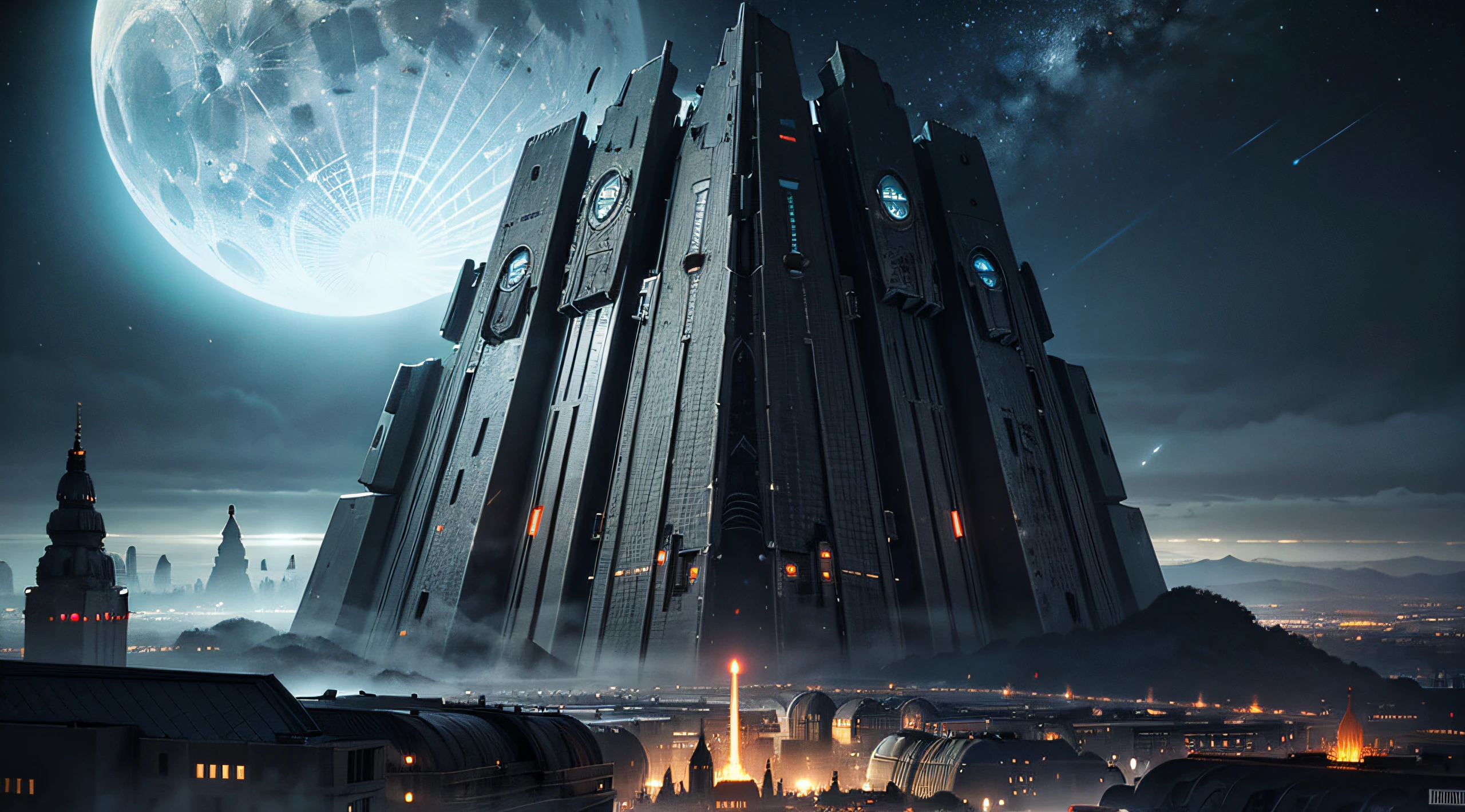 Dark Fantasy, The fantastic scenery, highly detailed landscape, Moonlight, Alien City The Future of Science Fiction, dark art, Dystopian atmosphere, Mechanical and retro world, land like cappadocia, light from building windows, Old movies「metropolis」A cityscape like, dark sky, Overcast sky, grey sky, giant analog synthesizer cable, A mechanized anime girl like an analog synthesizer exists small in the background., view sky