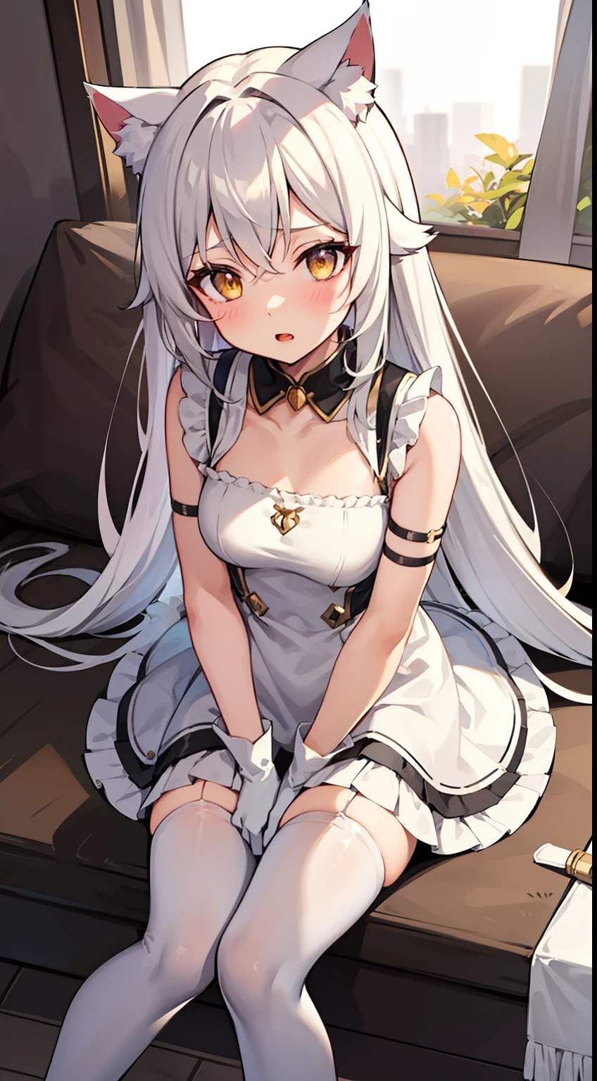 Description: 1girl, solo, breasts, looking at viewer, blush, open mouth, bangs, thighhighs, gloves, dress, animal ears, hair between eyes, bare shoulders, brown eyes, collarbone, yellow eyes, white hair, thighs, small breasts, parted lips, sleeveless, indoors, cat ears, white gloves, white dress, covered nipples, white thighhighs, animal ear fluff, skindentation, leaning forward, sleeveless dress, short dress, frilled dress, cat girl, slit pupils