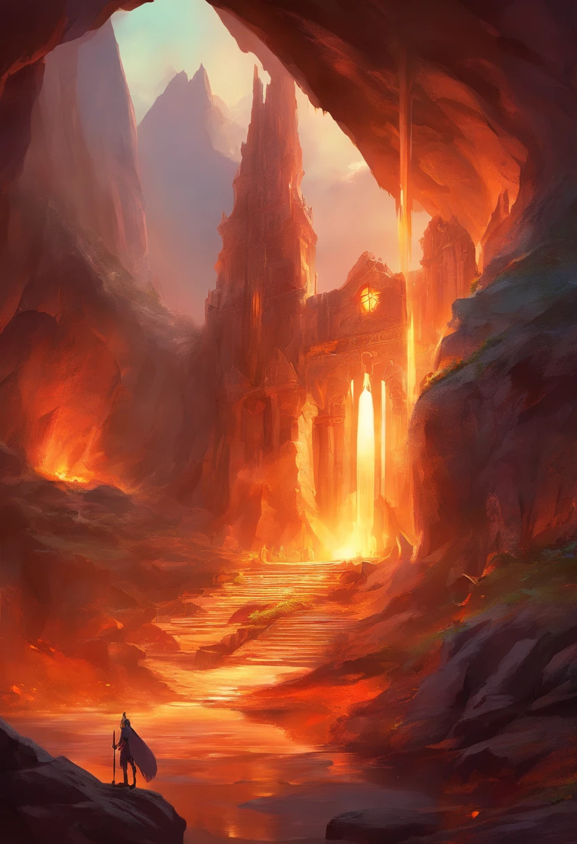 Fantasy forge in a cave, lava channels, forge, mountain cave, a huge dragon walled up in the wall