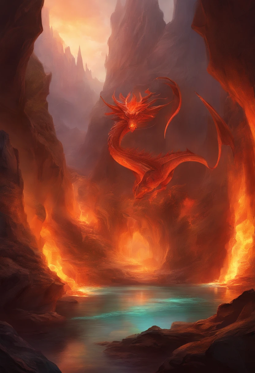 Fantasy forge in a cave, lava channels, forge, mountain cave, a huge dragon walled up in the wall