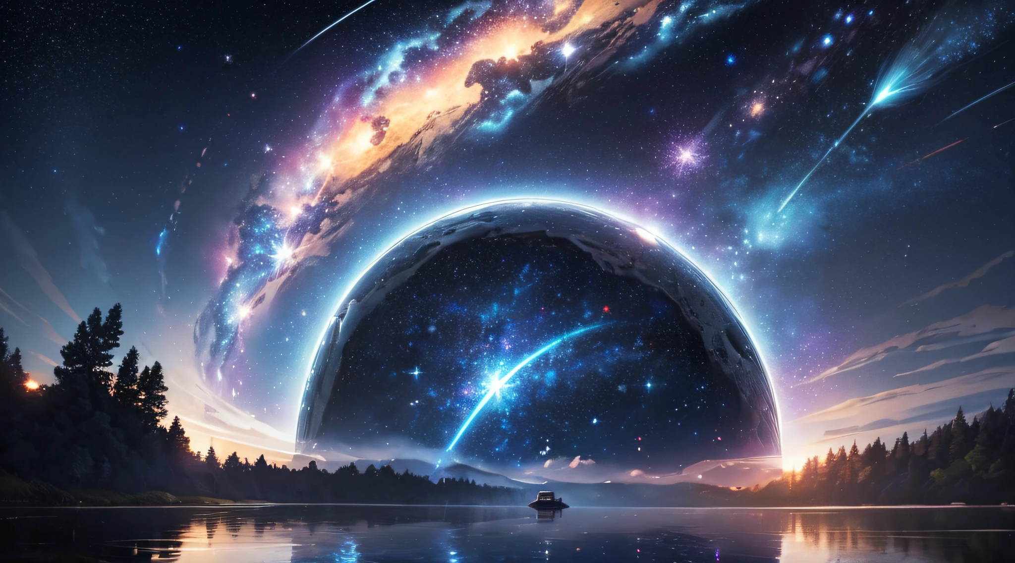 ​masterpiece、Background with((Mysterious starry sky、kosmos、Meteor swarm、black hole))、Depth((Luminescent planets))