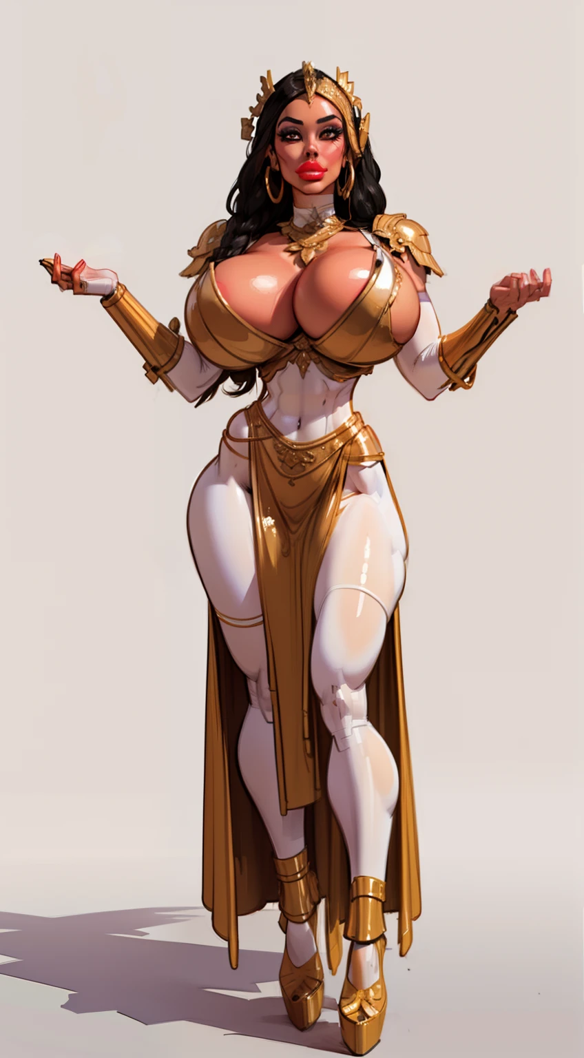 ((masterpiece)),(((best quality))),((character design sheet)), ((full body view)) ((cyberpunk empress)) mature face, ((middle eastern eyes:1.4)), ((gold cybernetic gown)), (((intricate futuristic breastplate))), defined cheekbones, high cheekbones, illustration, muscular, ((cyber gold:1.4)), sexy bimbo, (gigantic breasts:1.7) black hair, ((detailed face:1.4)) beautiful woman, (Chinese:1.4) (white skin:1.4) , (red lipstick:1.4), shiny skin, scribbles and marks,(puffy lips:1.4) , rough sketches, pose, 8k,16k, (simple background, white background: 1.3) ((warm color palette)), ((cyberpunk aesthetic))