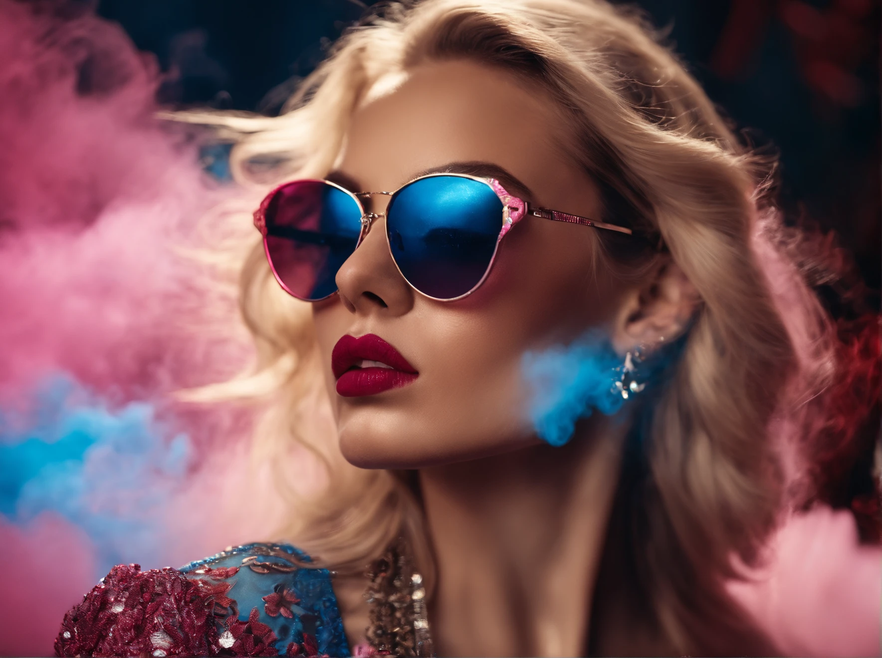 (a pretty white girl,smoking vape,vibrant pink and blue backlight,human portrait,Dior sunglasses,hip-hop fashion,generating a cloud of smoke from her mouth and nostrils,3/4 view,exquisitely detailed face with smooth skin, stunning eyes with intricate details,long lashes,perfectly proportioned red lips,ultra-high-definition image,16k resolution)