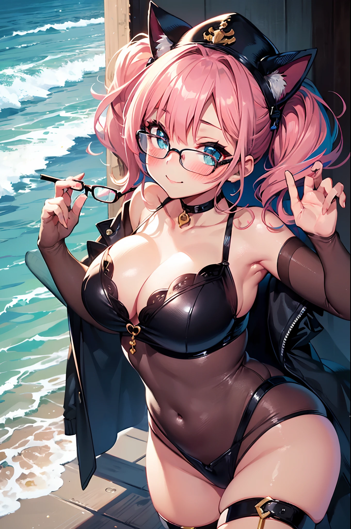 ((masutepiece)), ((Best Quality)), (Ultra-detailed), ((kawaii)), (Cute), (lovely), ((Sexy)), (Ero), ((Extremely detailed)), 4K, (8K), Best Quality, (Beautiful), Illustration, Anime style, Painting, Dynamic Angle, Cowboy Shot, (Erotic Poses), (from wildcard:1.4), heavy outline, clear outlines, Gradation, (full body focus), (Beach), ,1girl in, negligee, Solo, Beautiful pink hair, Beautiful random colored eyes, ((Beautiful eyes)), slightly wheat-colored skin, Pompadour hairstyle, Buttocks, (gigantic and massive tits), Glasses, (Smirk), (blush:1.5), sparkling effect, Lens Flare, shiny-glistening, gleaming、cat ear