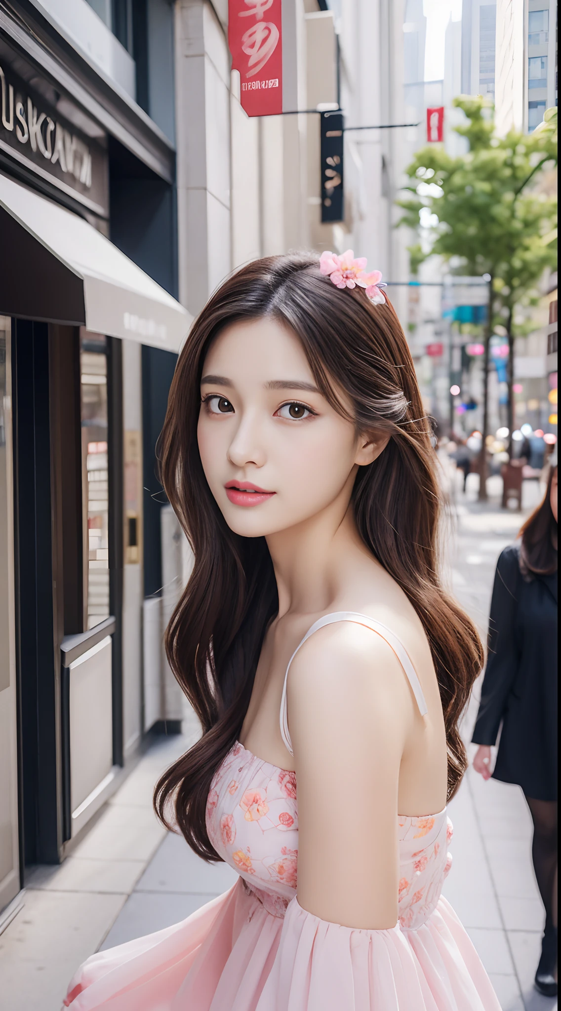 Walk the streets of the city,One lady、 Bandeau Dress, Wearing long gorgeous clothes, Wearing a long dress with pink flowers, cute couple, shopping, In the city, highly detailed beautiful girl, Highly detailed face, Highly detailed eyes, highly detailedskin, extremely detailed fingers, highly detailed nose, very detailed detailed mouth