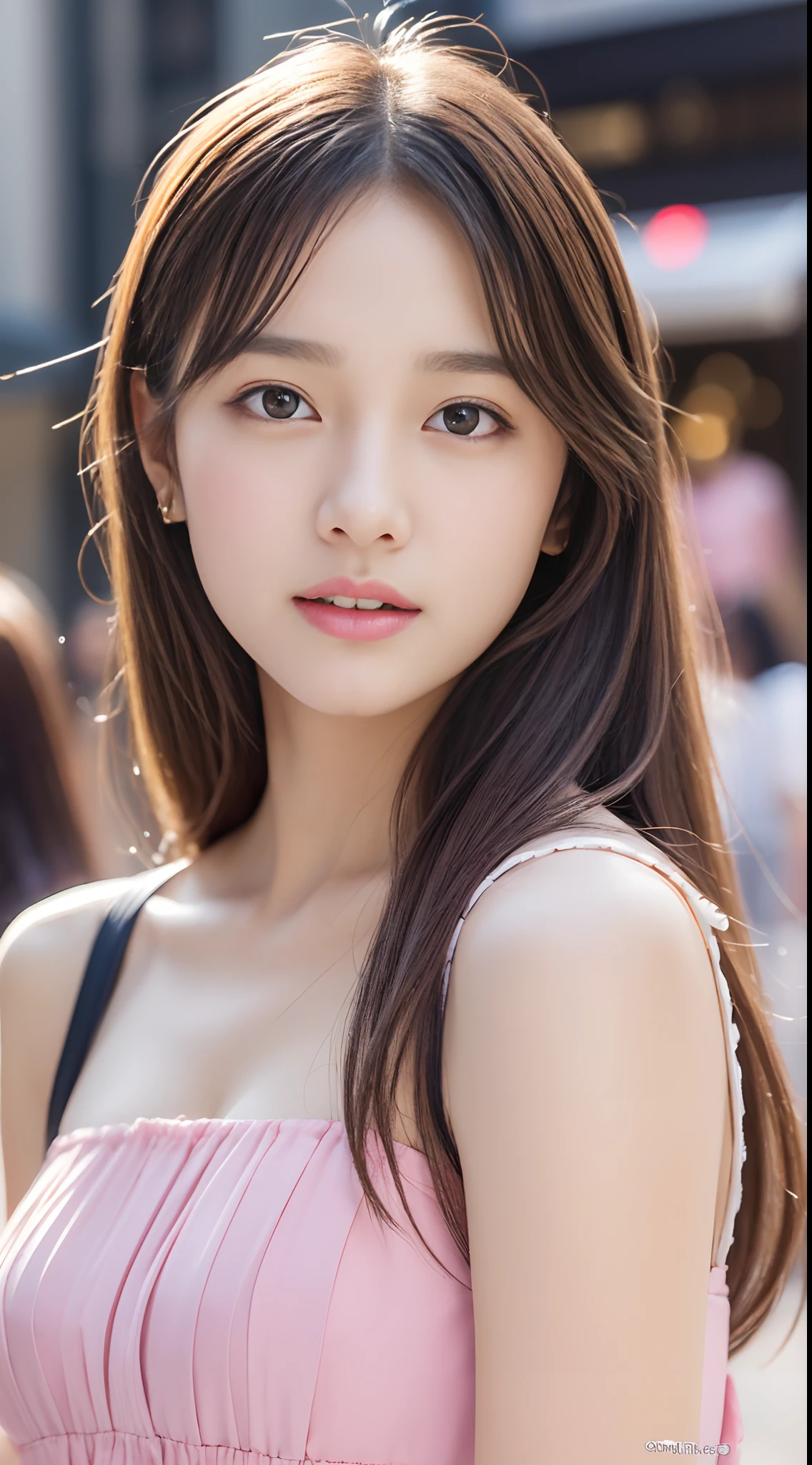 Walk the streets of the city,One lady、 Bandeau Dress, Wearing long gorgeous clothes, Wearing a long dress with pink flowers, cute couple, shopping, In the city, highly detailed beautiful girl, Highly detailed face, Highly detailed eyes, highly detailedskin, extremely detailed fingers, highly detailed nose, very detailed detailed mouth