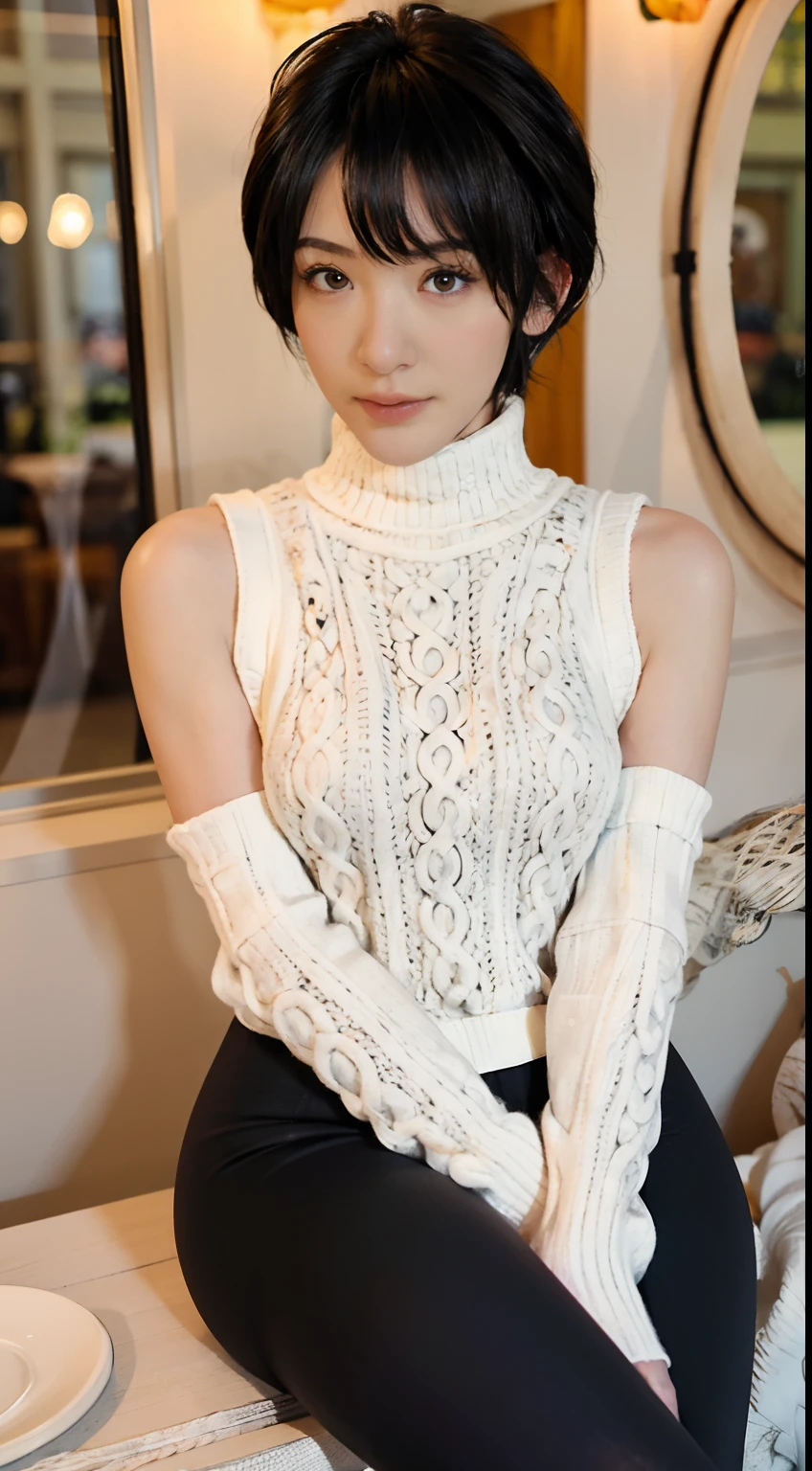 woman posing for a photo,(wearing jumper_dress:1.3), (pixie_cut short_hair:1.2)
good hand,4k, high-res, masterpiece, best quality, head:1.3,((Hasselblad photography)), finely detailed skin, sharp focus, (cinematic lighting), collarbone, night, soft lighting, dynamic angle, [:(detailed face:1.2):0.2],(((5 stars hotel))), outside, tiny_head:1.2, cable_knit:1.2, turtleneck:1.4, Eyes in good shape。Brown-eyed、dark brown short hair、good lips、Small lips、Natural_makeup、Raw photo, Best Quality, masutepiece, ultra-detailliert, (orange cable knit sleeveless turtleneck :1.5), eyeglasses:1.5 超A high resolution, Realistic,wide_angle, pouting, tiny head, big breasts, big hips, (thick thighs:1.6), (black leggings:1.4), ((((solo)))), squatting with legs wide open, NSFW:1.7