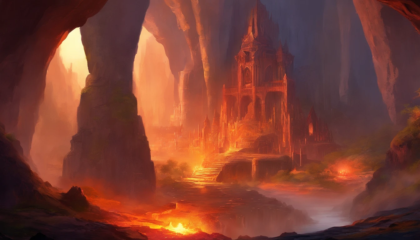 Fantastic forge in a cave, lava channels, forge, mountain cave, Huge dragon, walled up in the wall, cave ceiling, stonework