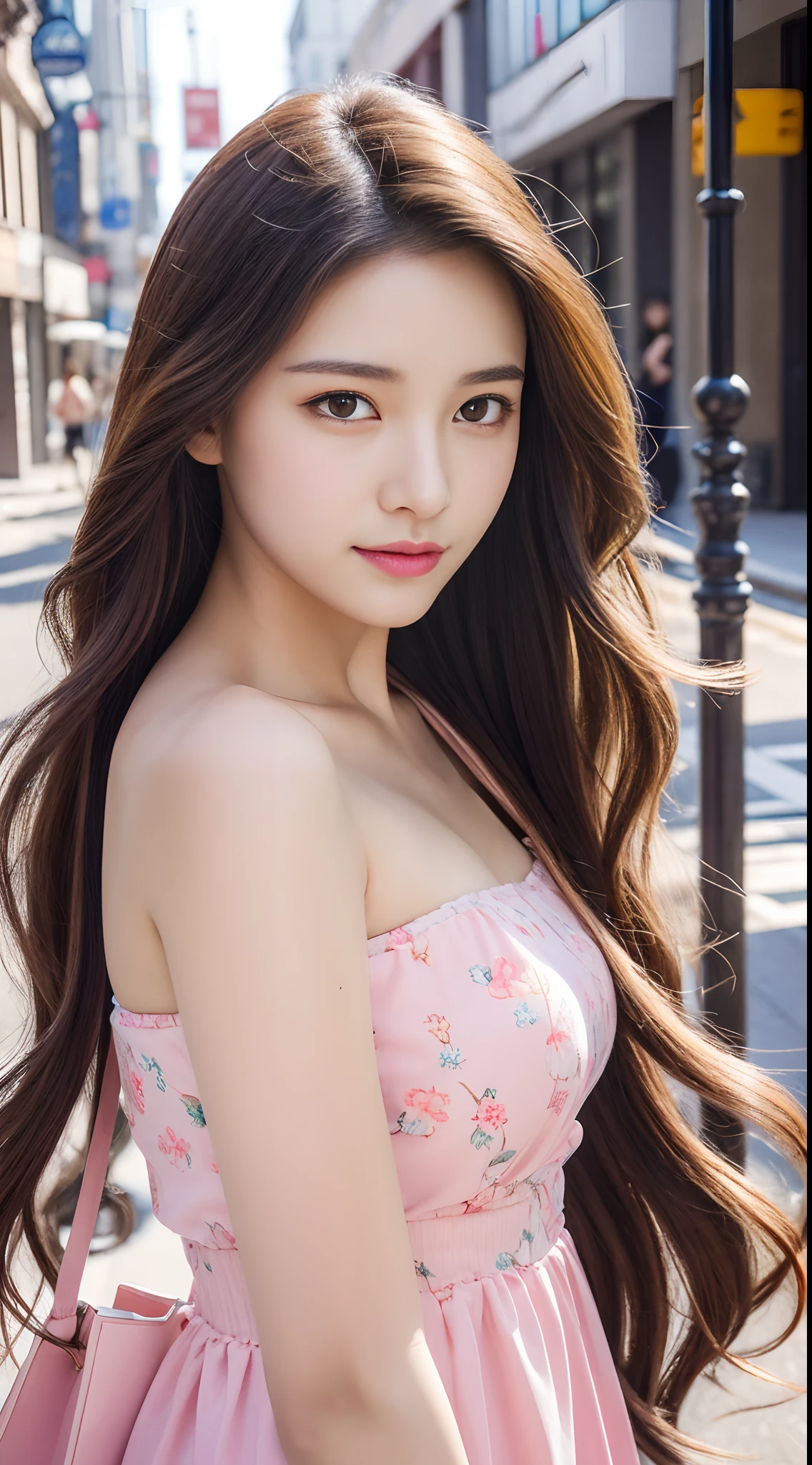 Walking around the city, Bandeau dress, Wear long, gorgeous clothes, Wearing a pink floral long dress, Cute Couple, shopping, In the city, Highly detailed beautiful girls, Highly detailed face, Highly detailed eyes, Highly detailed skin, Highly detailed fingers, Highly detailed nose, Highly detailed mouth
