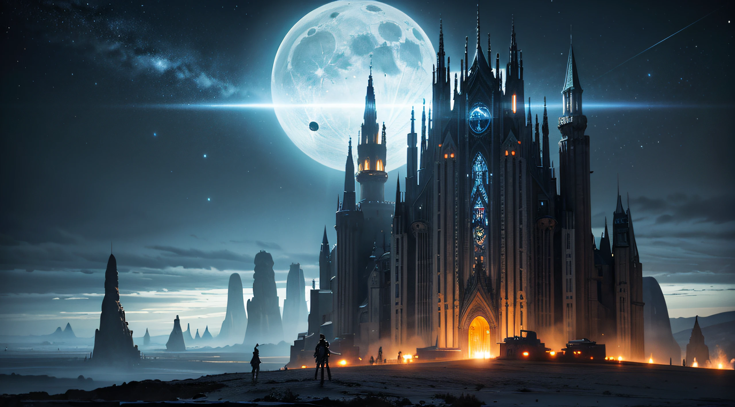 Dark Fantasy, The fantastic scenery, highly detailed landscape, Moonlight, Alien City The Future of Science Fiction, dark art, Dystopian atmosphere, Mechanical and retro world, land like cappadocia, light from building windows, Strange architecture and cityscapes inspired by Antonio Gaudi, dark sky, Overcast sky, grey sky, giant analog synthesizer, A mechanized anime girl like an analog synthesizer exists small in the background., view sky