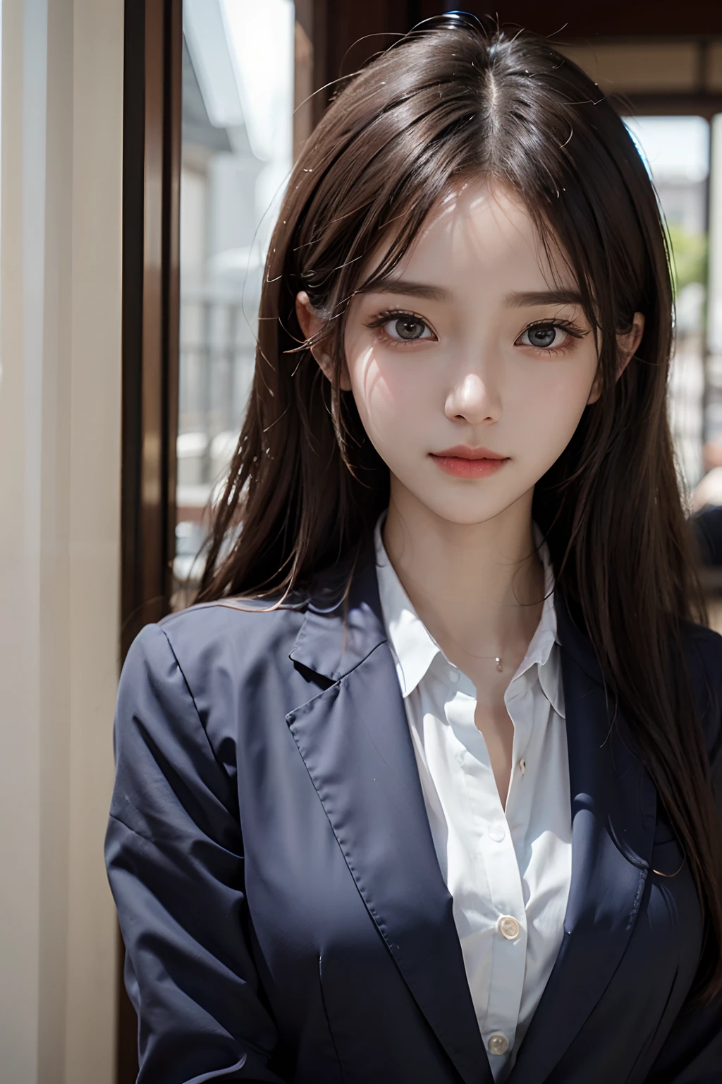 Photo Uniform Pose(Dark blue blazer、White dress shirts、Charcoal Grape Pleated Skirt)Close up portrait of woman wearing it, Beautiful midlift with black hair、Beautiful Asian Girl, Korean Girl, girl cute-fine face, beautiful Korean women, Gorgeous young Korean woman, sakimichan, Beautiful young Korean woman, The face of a beautiful girl in Japan, yangjun chen, Cute delicate face, Gorgeous Chinese models, Beautiful detailed body and face、18year old、absurderes、(A slight smil：0.4)、
