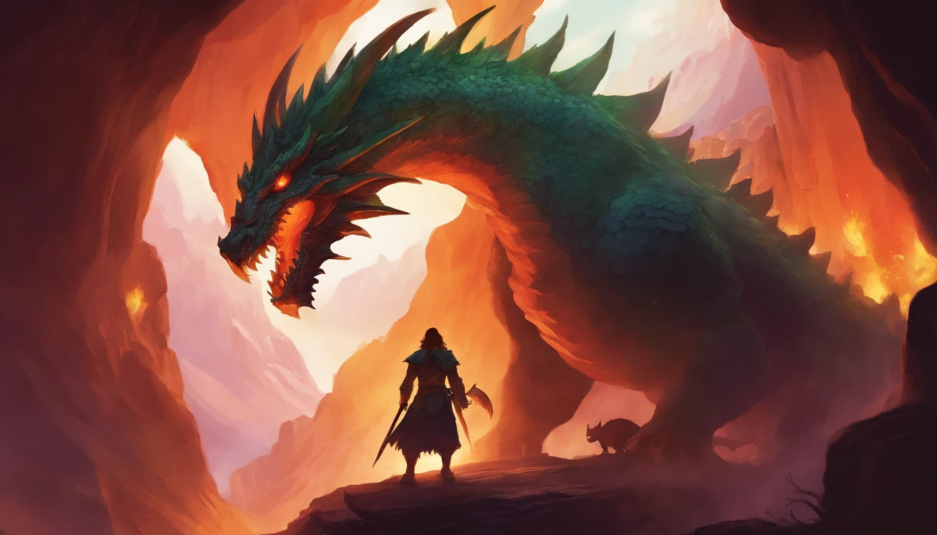 Fantastic forge in a cave, lava channels, forge, mountain cave, Huge dragon, walled up in the wall, cave ceiling, stonework