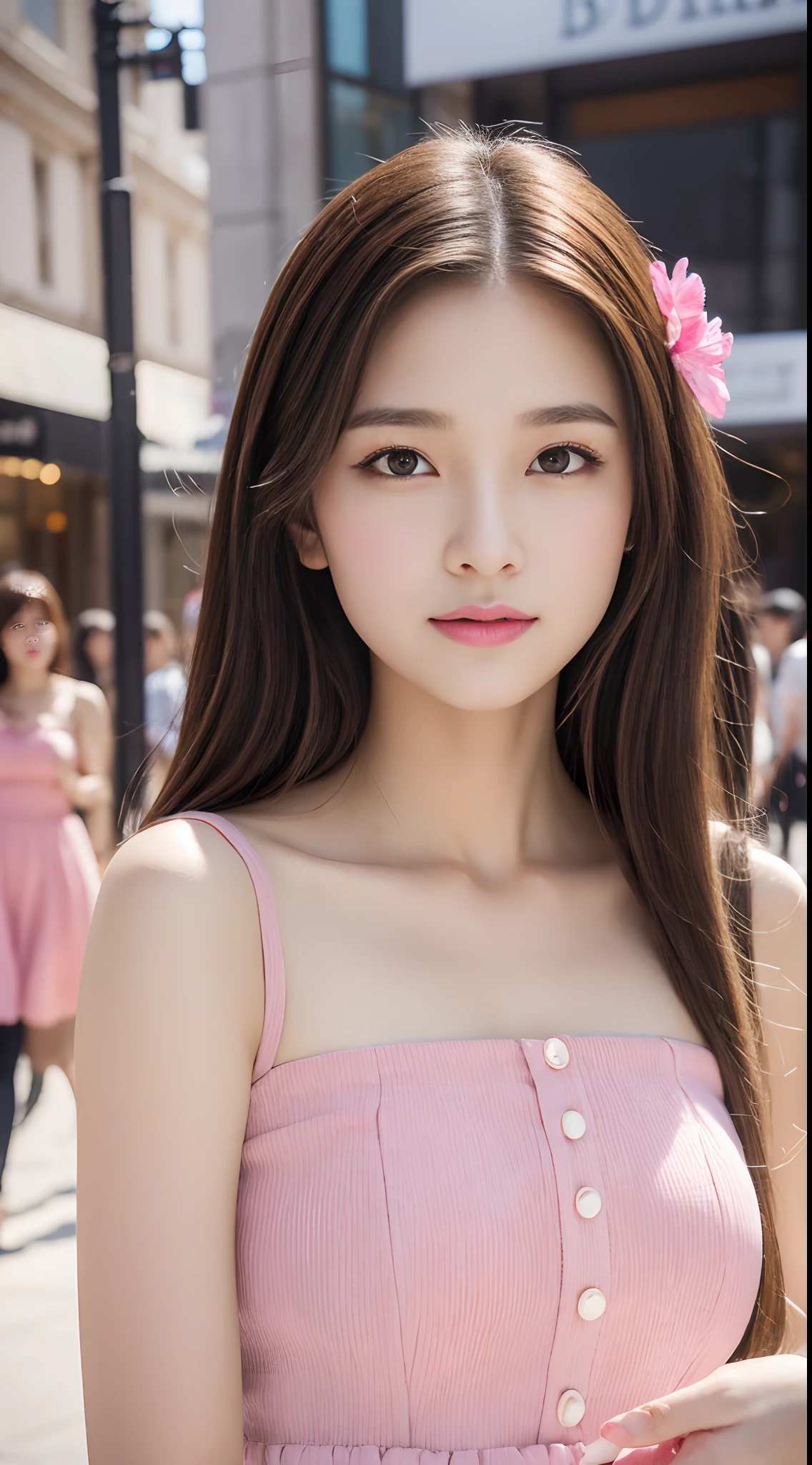 Walk the streets of the city,One lady、 Bandeau Dress, Wearing long gorgeous clothes, Wearing a long dress with pink flowers, cute couple, shopping, In the city, highly detailed beautiful girl, Highly detailed face, Highly detailed eyes, highly detailedskin, extremely detailed fingers, highly detailed nose, very detailed detailed mouth