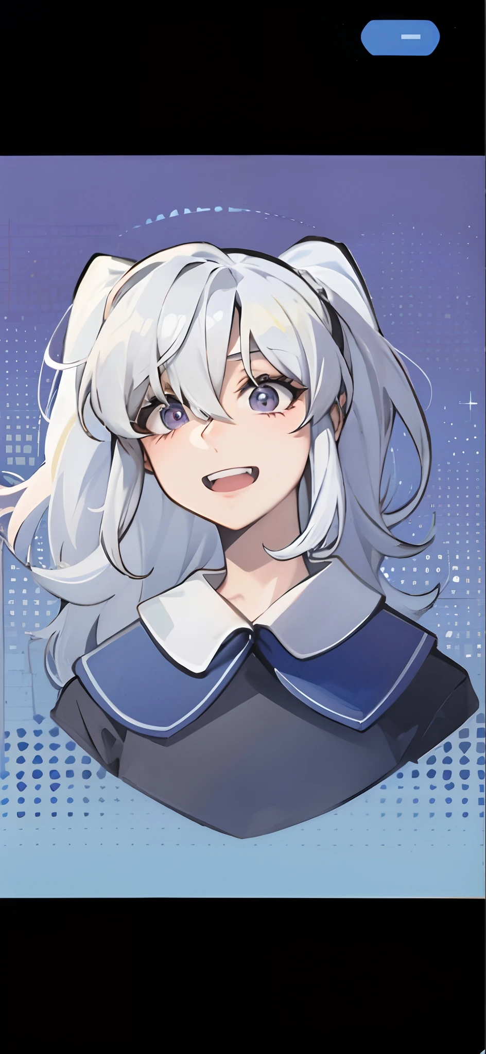 Anime girl with white hair and a gray shirt with a blue collar, kantai collection style, anime moe artstyle, [[[[grinning evily]]]], white haired deity, white haired, shikamimi, portrait anime space cadet girl, Girl with gray hair, perfect white haired girl, anime style portrait, White-haired, anime character portrait, anime portrait