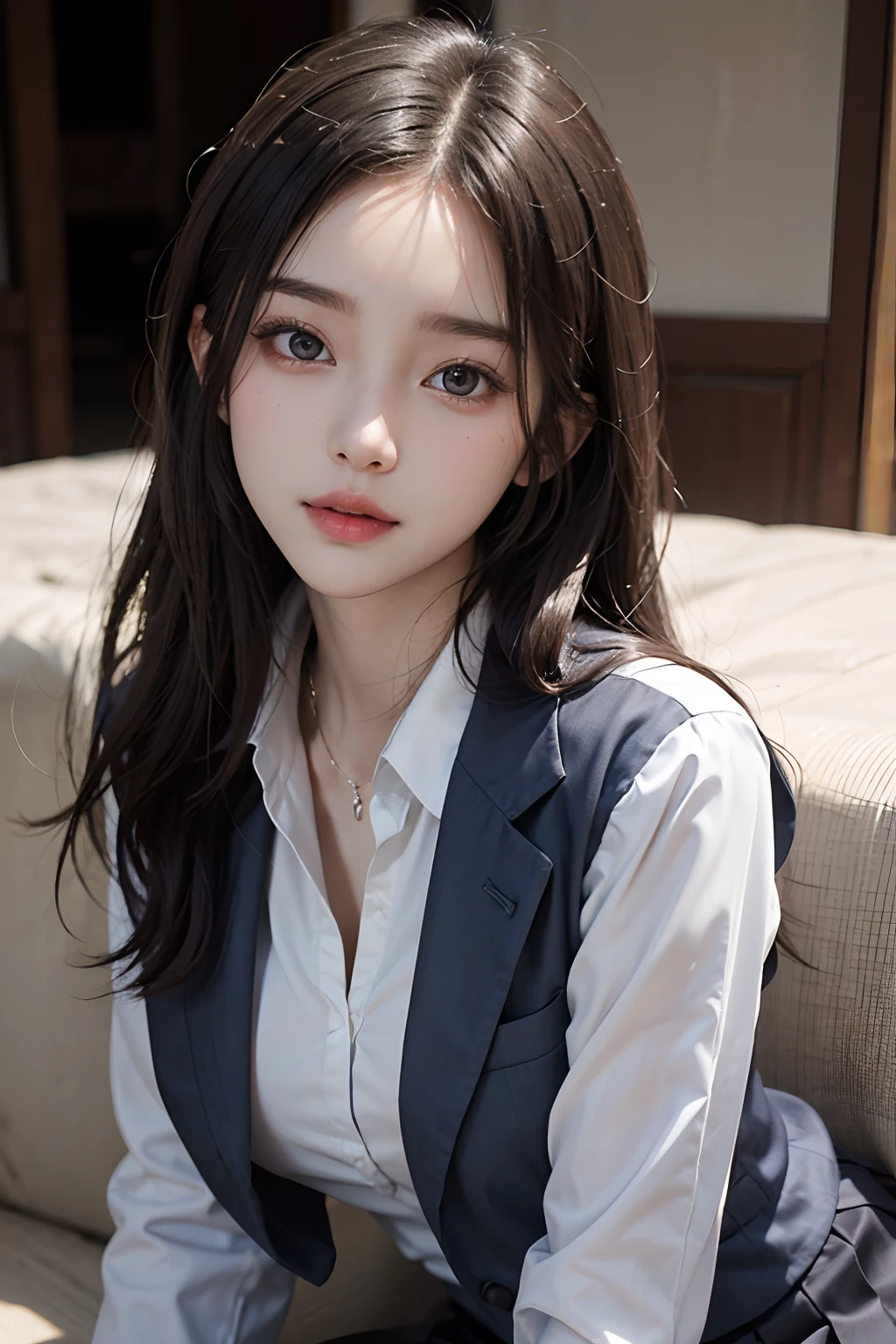 Photo Uniform Pose(Dark blue blazer、White dress shirts、Charcoal Grape Pleated Skirt)Close up portrait of woman wearing it, Beautiful midlift with black hair、Beautiful Asian Girl, Korean Girl, girl cute-fine face, beautiful Korean women, Gorgeous young Korean woman, sakimichan, Beautiful young Korean woman, The face of a beautiful girl in Japan, yangjun chen, Cute delicate face, Gorgeous Chinese models, Beautiful detailed body and face、18year old、absurderes、(A slight smil:0.4)、
