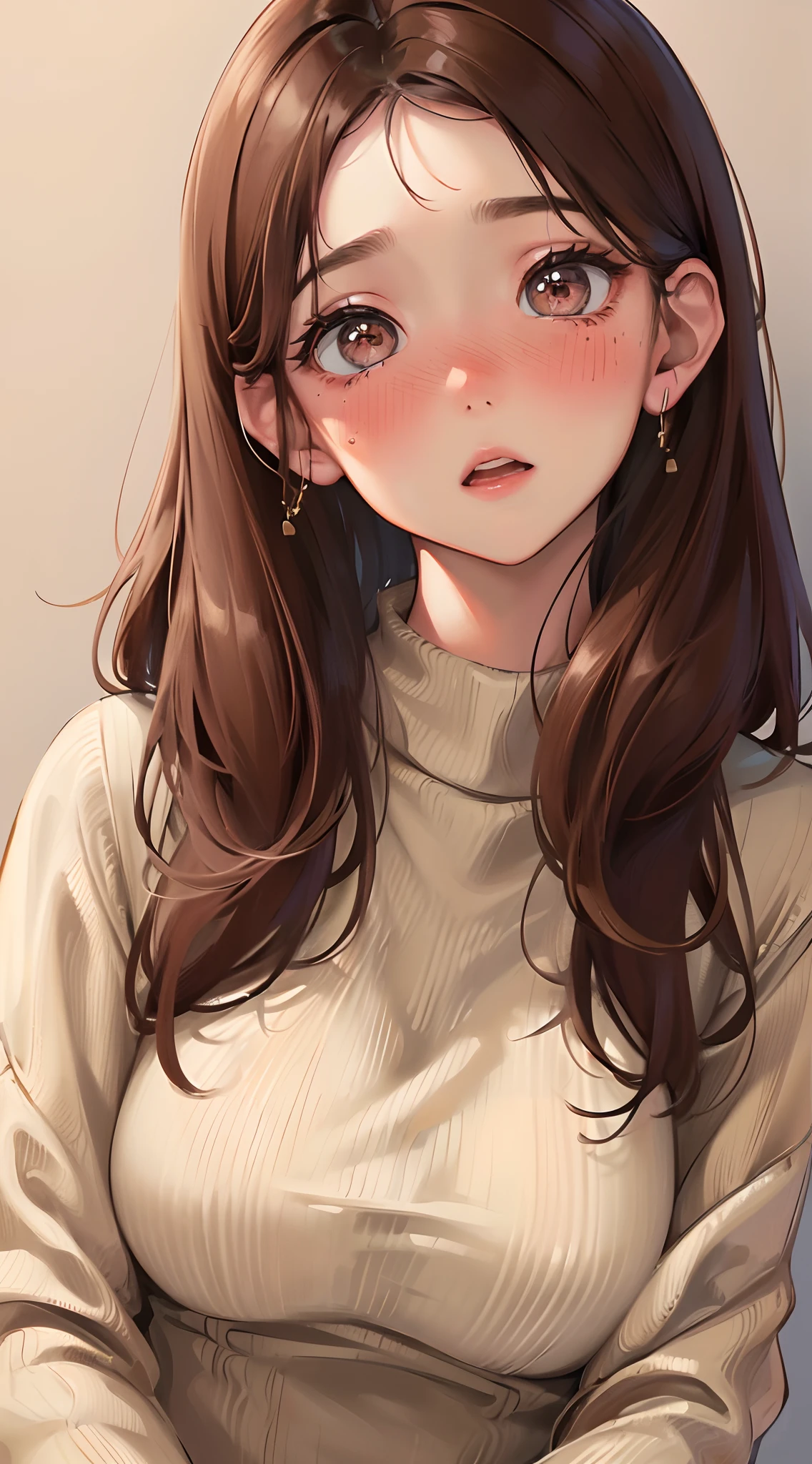 1womanl,Brown hair, ,((Impatient expression)),Beautiful breasts,Sweater knitwear,well-styled,,(Facing the front)(((Blushing cheeks、Surprised look)),((())),((( Upper body portrait)))
