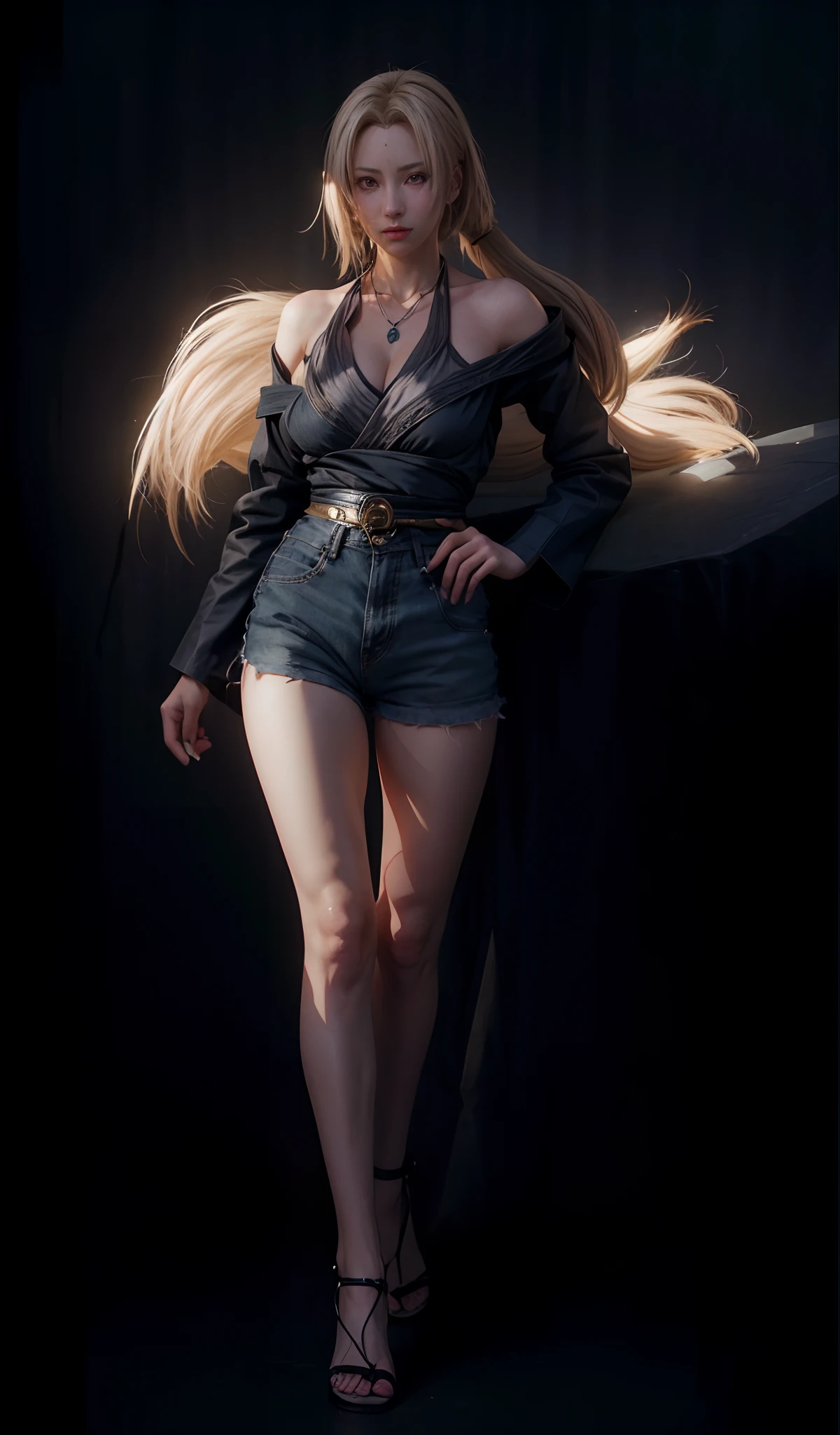 realistic, 1girls, Tsunade, best quality, 12k, HD, long hair, big round breasts, cleavage, ponytail, necklace, jewelry, shorts, slim hips, hair band, yellow eyes, yellow hair, super detailed, Eye details , hair details, person details, mouth details, face details, breast details, clothes details, hair details, pants details, hand details, whole body