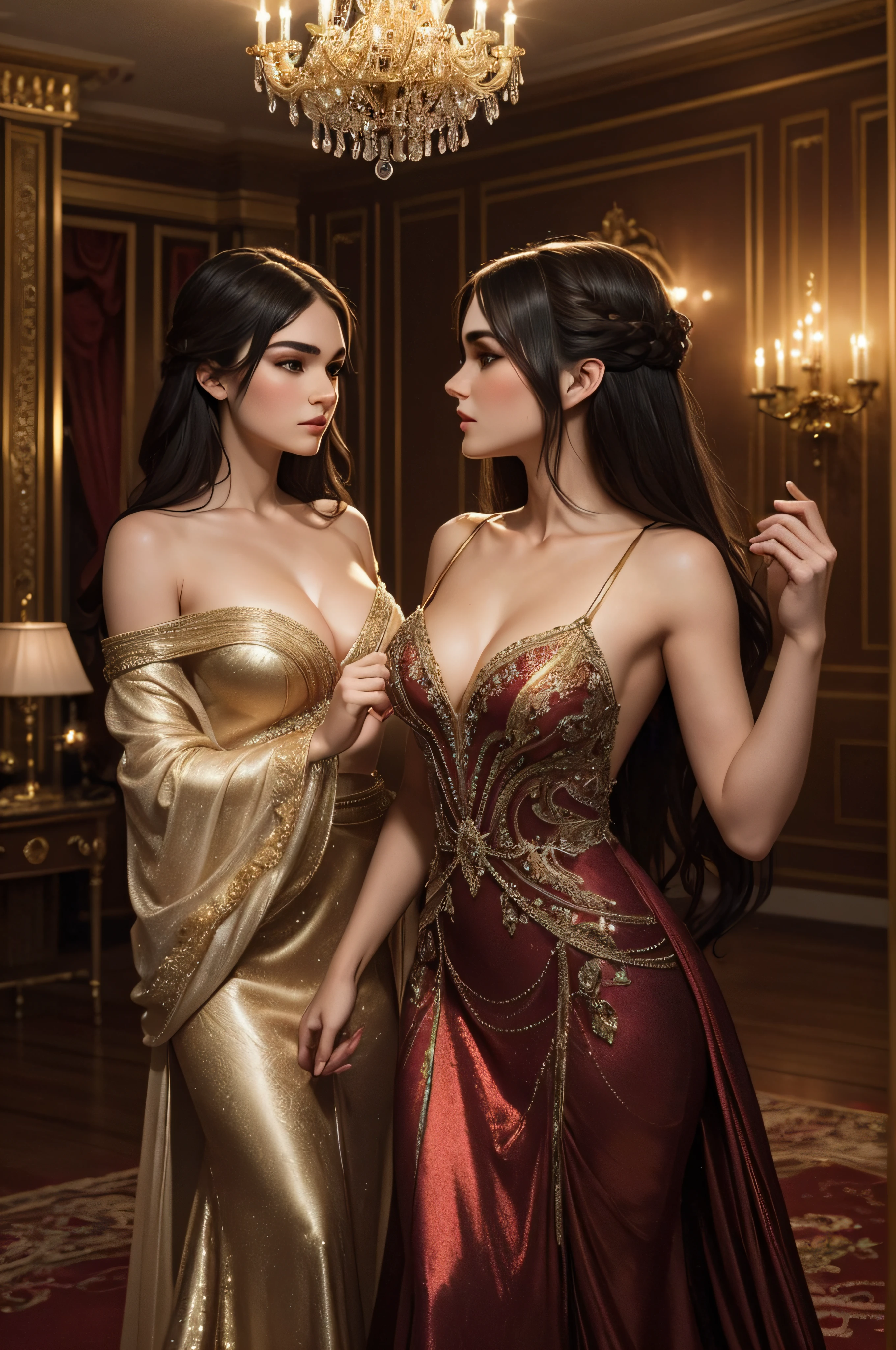 beautifully dressed in elegant evening gowns, standing in a dimly lit ballroom. Sasha Grey is gently touching Lana Rhodes' face, their eyes locked in a passionate gaze. The room is adorned with sparkling chandeliers and elaborate tapestries, exuding a luxurious ambiance. Soft, warm lighting casts a romantic glow on their flawless skin, accentuating their stunning features. The atmosphere feels intimate and mysterious, as if something magical is about to unfold. The colors in the scene are rich and vibrant, with deep hues of red and gold dominating the palette. Shadows dance gracefully across the room, adding depth and intrigue. The attention to detail in their dresses is impeccable, with intricate beading and flowing fabrics that shimmer in the light. The image is of the highest quality, with every fine detail beautifully captured in ultra-high resolution. The overall effect is reminiscent of a classic, timeless painting, evoking a sense of elegance and allure.