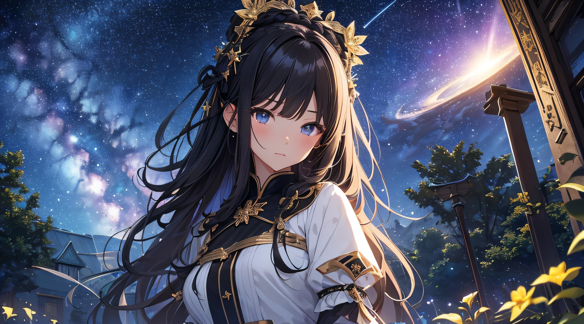 (masterpiece) , ( (extremely detailed) ), (Artgerm Art style) , a young teenage girl looking at the moon by the sea, clear eyes, full body in a dreamy setting with the stars and the moon (best quality), (ultra detailed), HD 8k --auto --s2