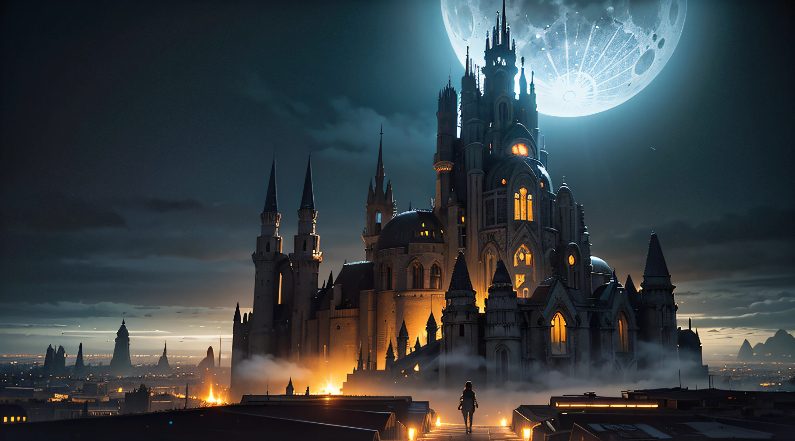 Dark Fantasy, The fantastic scenery, highly detailed landscape, Moonlight, Alien City The Future of Science Fiction, dark art, Dystopian atmosphere, Mechanical and retro world, land like cappadocia, light from building windows, Strange architecture and streets inspired by Antonio Gaudi, dark sky, Overcast sky, grey sky, The form of a giant analog synthesizer, A mechanized anime girl like an analog synthesizer exists small in the background., view sky
