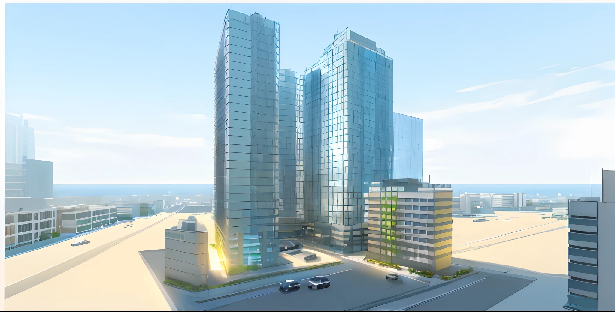a drawing of a tall building with a lot of windows, concept image, rendering of checkmate, perspective view, sharp hq rendering, conceptual rendering, architectural rendering, detailed rendering, conceptual, architecture render, concept drawing, rendered, architectural concept diagram, radiosity rendering, architectural illustration, from street level, digital model, view from ground level, architectural concept,raw photo,street,trees,cars,people blue sky,hight quality image 8k,yellow sunshine,white wall,glass door