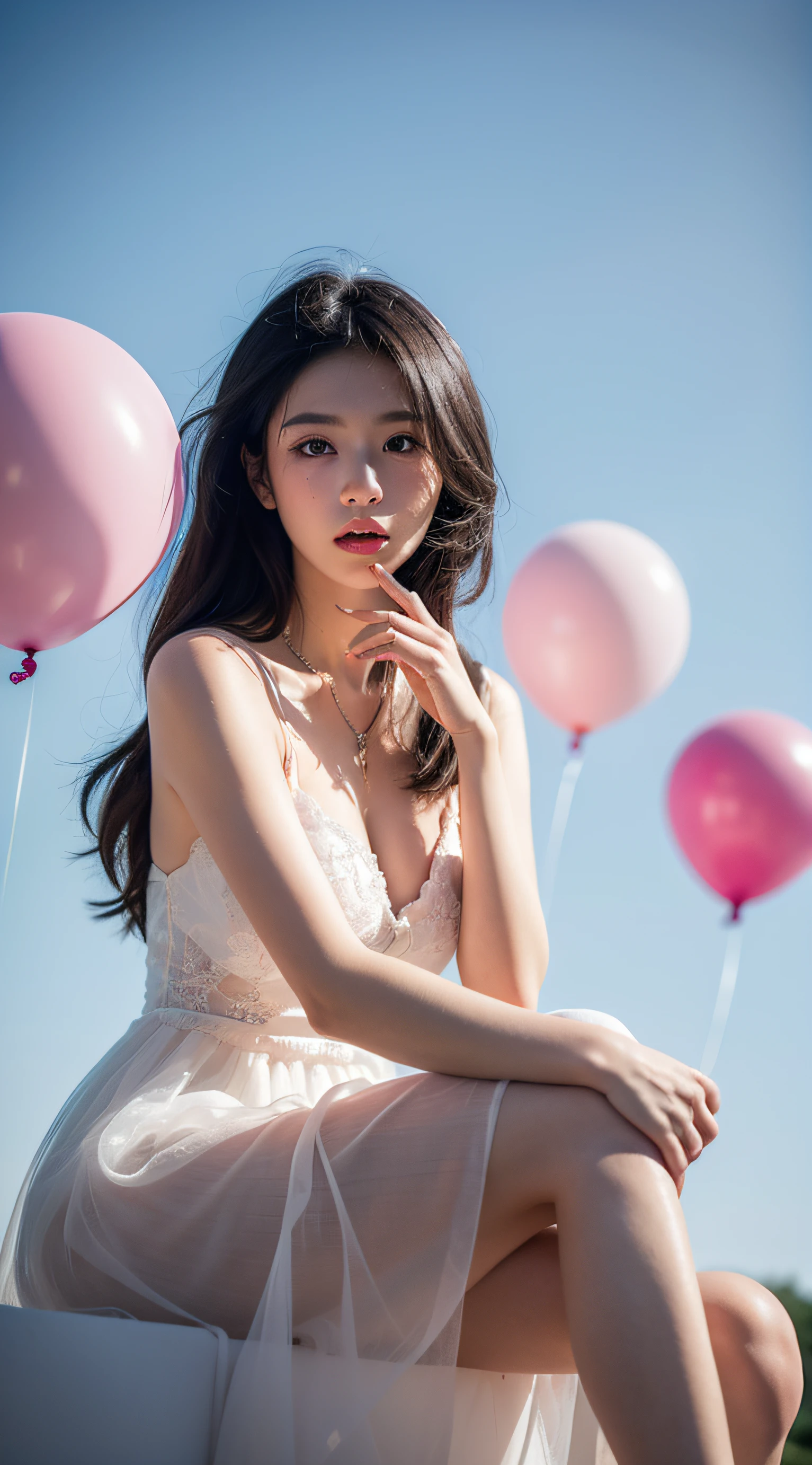 (dramatic, gritty, intense:1.4),masterpiece, best quality, 8k, insane details, intricate details, hyperdetailed, hyper quality, high detail, ultra detailed, Masterpiece, light and shade contrast,,full-body image, A beautiful maiden, in a fairy dress, sat on a pale blue ball against a background of three transparent pink balloons, Hair rings, blue sky and white clouds,light pinkand black, surreal urban scenes, kenro izu,traditional portrait painting, unified stageimages,