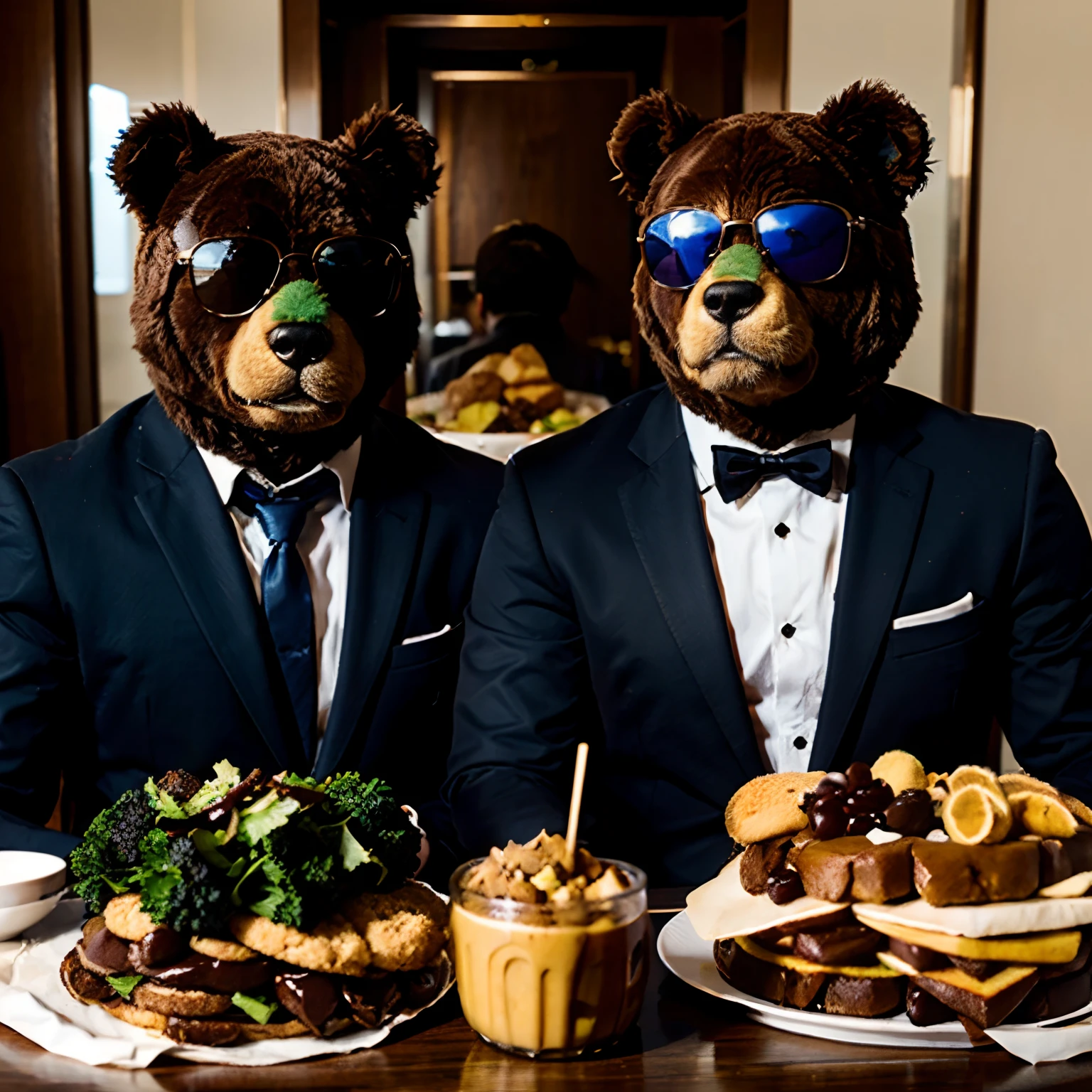 Cute bear having breakfast with his friend cute pancake