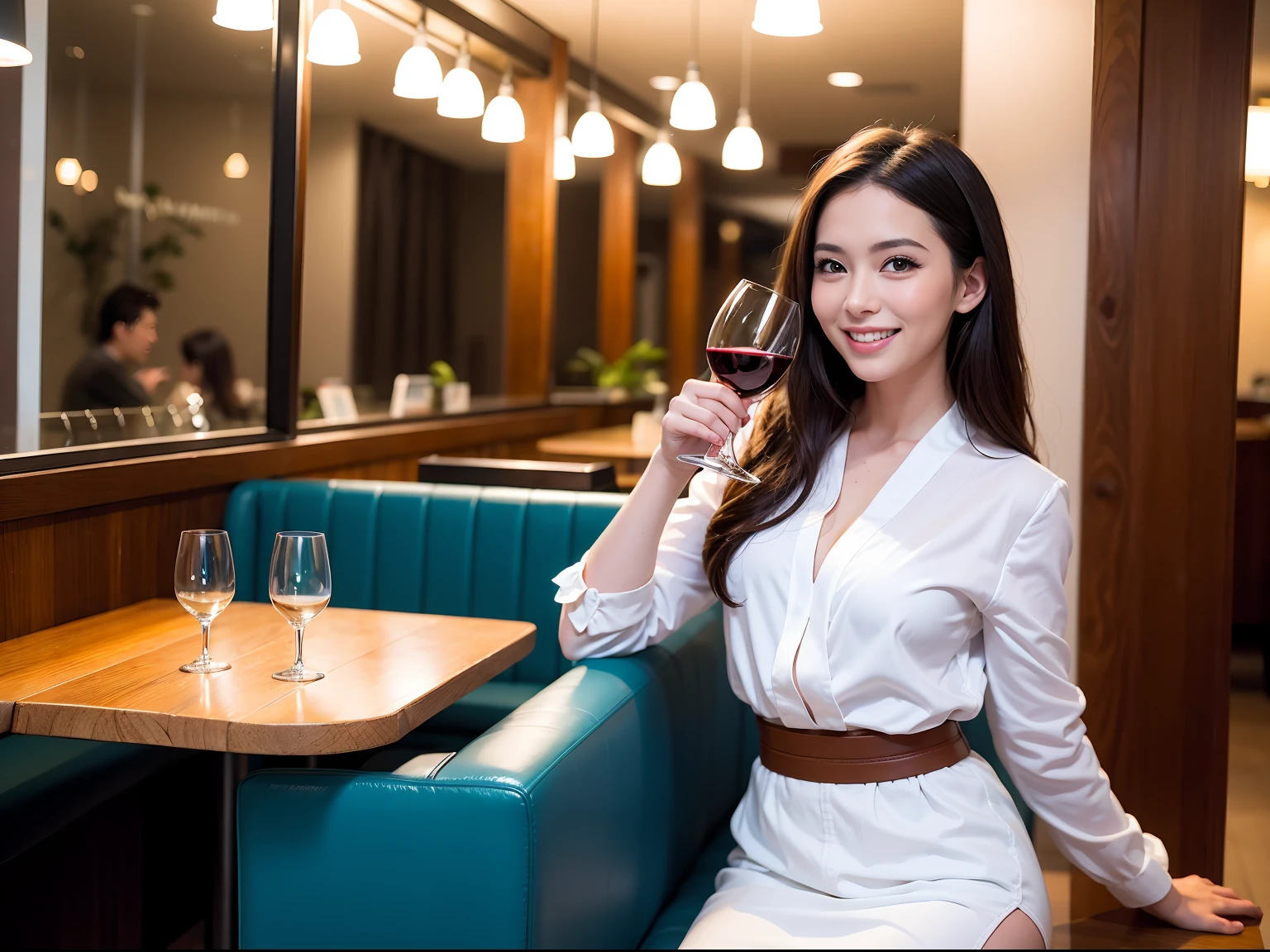 (64K, UHD, top quality, masterpiece: 1.2), (realistic, photorealistic: 1.37), super detailed, pretty woman 1 person, (slim face), (slim body), (brown hair), (short cut), cheeks slightly blushing, (41 years old), 38 years old, solo, outside the window is a beautiful detailed urban night view, restaurant, wine glasses sit, at night, in a prominent place (from the waist up) NovaFrogStyle, Actress, Model, Waist Up, White Wine, Slim, Wine Glass, Super Clean Night View, Wine Glass Put in the Middle, Happy Smile, (Smile: 1.15), Beautiful Fine Eyes, Upper Body, Bust Japan Up, Night, Short, Short, Actress, Model, Waist Up, White Wine, Slim, Wine Glass, Super Clean Night View, Wine Glass Put in the Middle, Happy Smile,