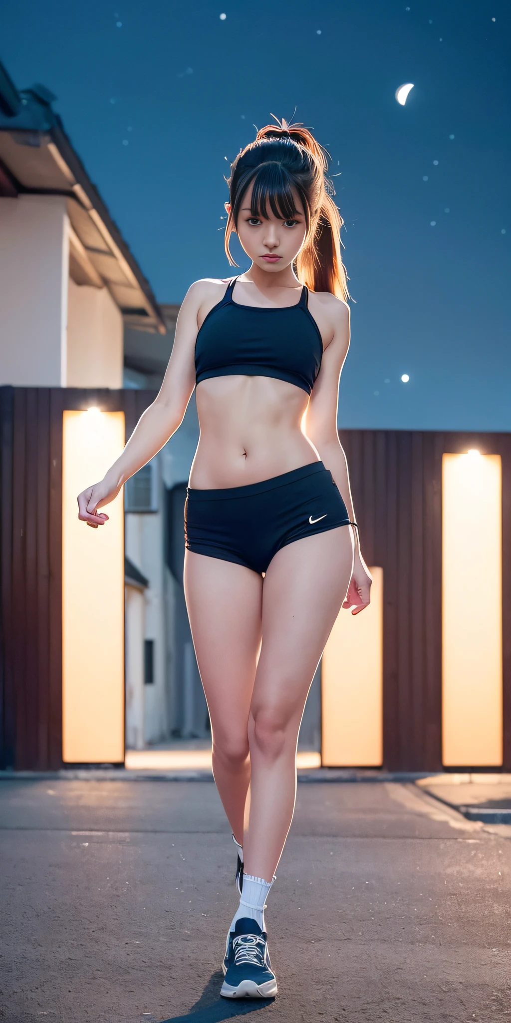 (((professional: step by step, considering even the smallest detail god level final result))): "(Masterpiece, Best Quality), solo 1girl, 22 years old, Mikasa akerman, black hair, Long hair, Ponytail, skinny, 50% big breasts, 20% White V collar crop top, 25% plaid miniskirt, tie, Looking at viewer, crop top UP, (legs open standing:1.1), , juice, Socks, Shoes, clenched teeth, (frown, blush:1.2), blue eyes, (street:1.2), (((night sky)))", under front view, bare hips, tits the size of oranges