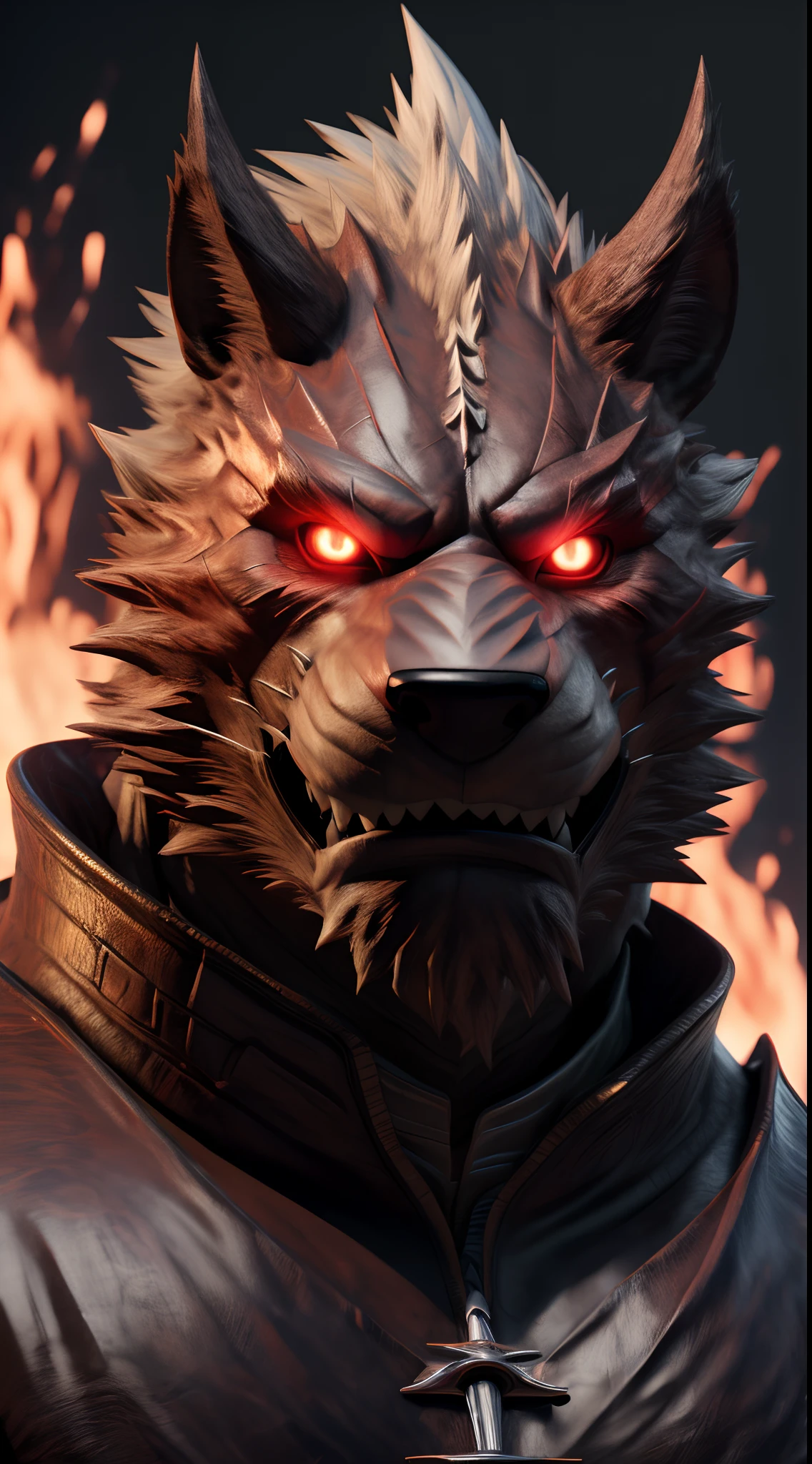 (best quality,8k,highres,masterpiece:1.2),ultra-detailed,(photorealistic:1.37),(the ultimate Orochi Yuujirou),red glowing eyes,staring at the viewer,detailed facial features,same design as Iori Yagami,background from The King of Fighters XV,fiery background,serious expression,on a realistic face,in 8k.